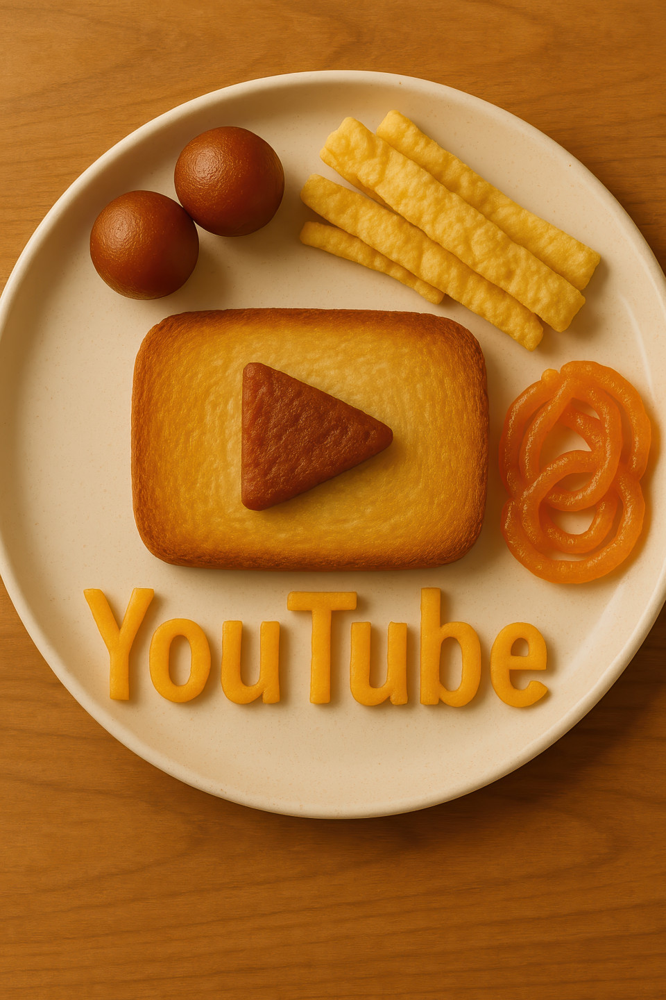 Realistic top-down view of youtube logo in breakfast foods with gulab jamun, jalebi, fafda on a warm-lit plate, food brand concept from chatgpt prompt photography