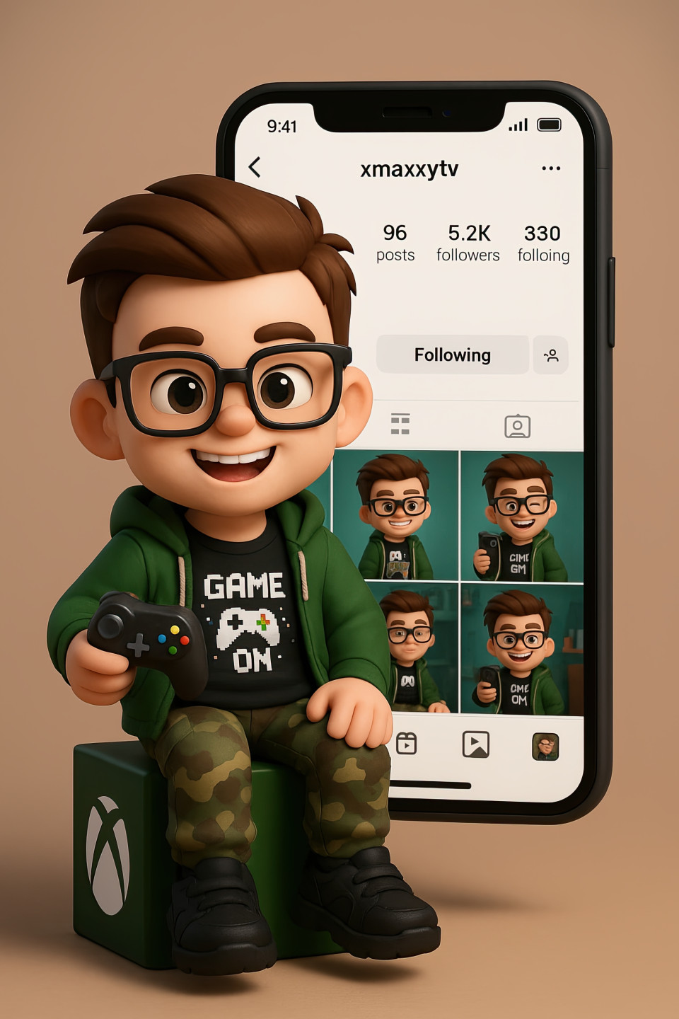 3d chibi style gamer boy avatar with game on shirt, controller in hand, xbox cube seat, profile on screen, anime inspired, chatgpt avatar maker