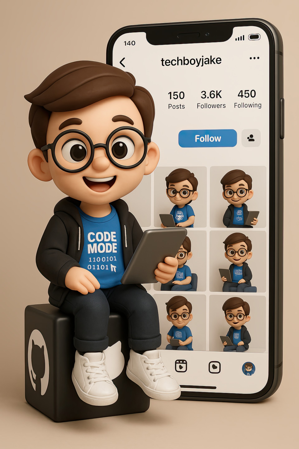 3d chibi style boy avatar wearing code mode shirt, on github cube, holding tablet, smiling, anime profile on screen with username, chatgpt profile maker