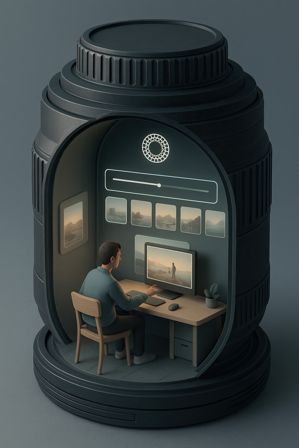 3d diorama camera lens opens to reveal vsco editing space, one user adjusts filters, muted tones, curved ui, prompt made with chatgpt art