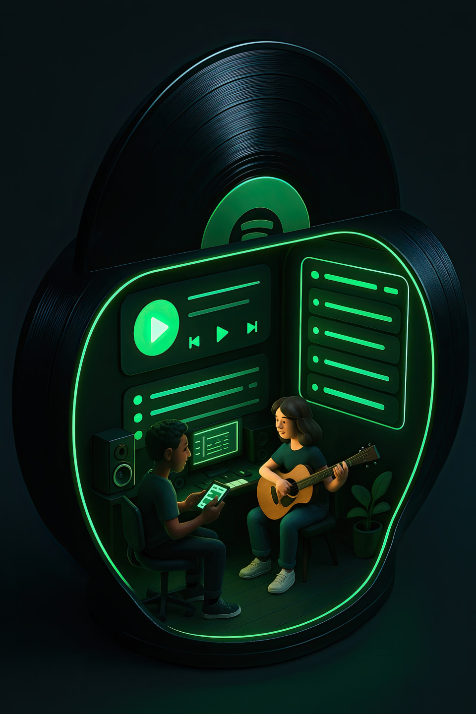 3d diorama vinyl record with cozy studio inside, two musicians build playlist, glowing spotify ui, chatgpt art prompt in neon green lighting