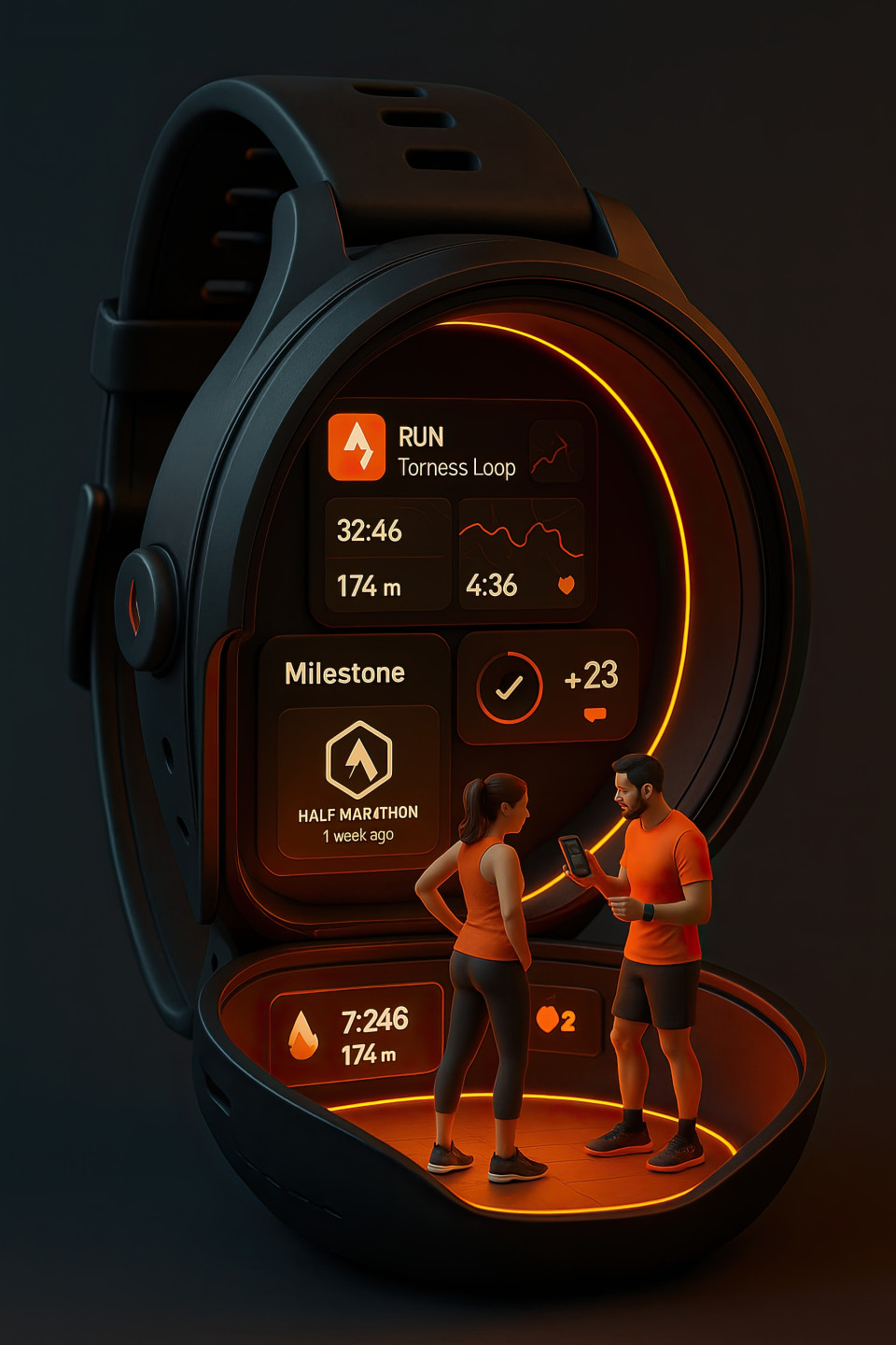 3d diorama smartwatch cut open with fitness hub inside, athletes share run stats, glowing strava ui, black and orange tones, prompt by chatgpt