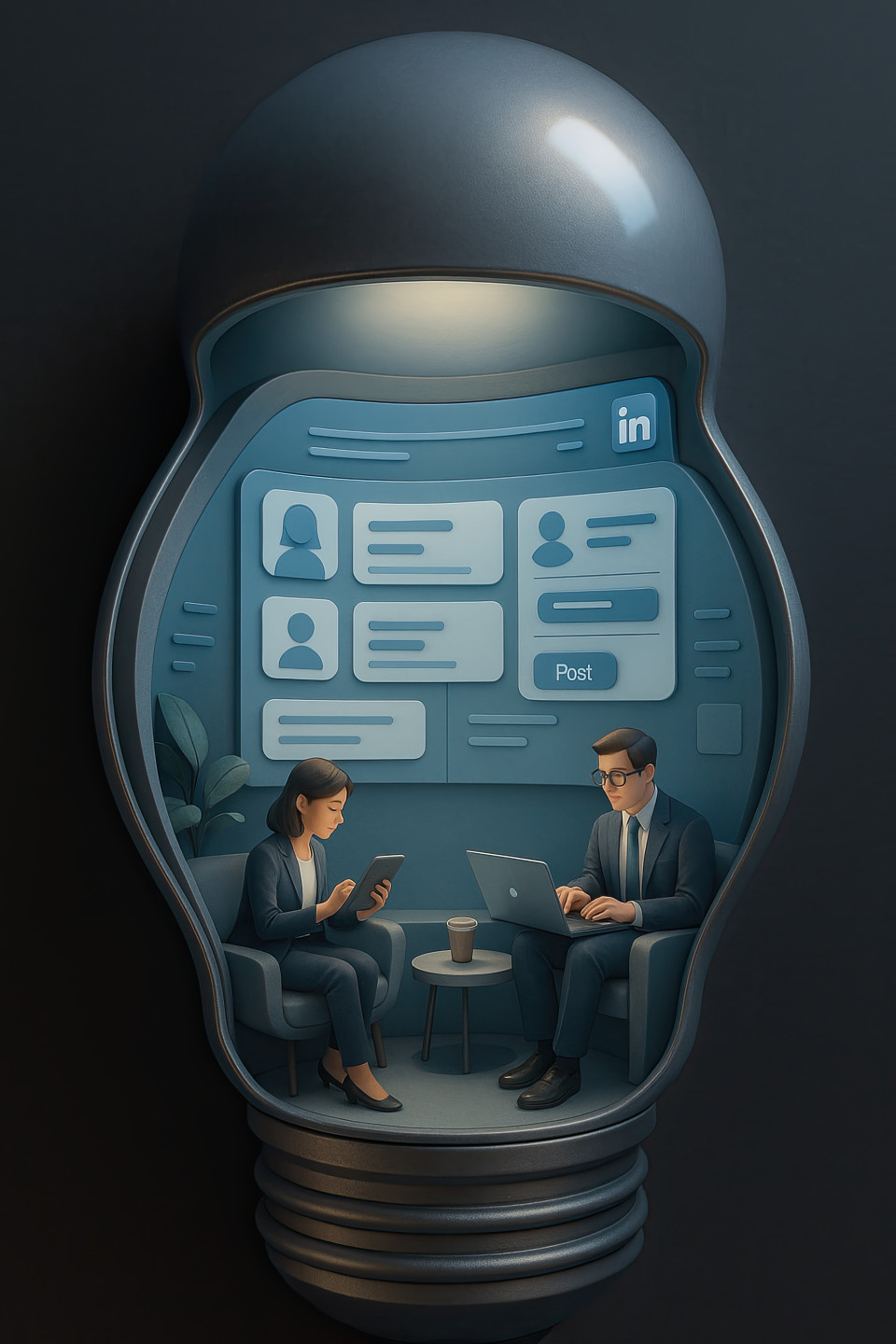 3d diorama light bulb with linkedin networking lounge inside, professionals chat, soft blue lighting, curved ui glow, art prompt via chatgpt