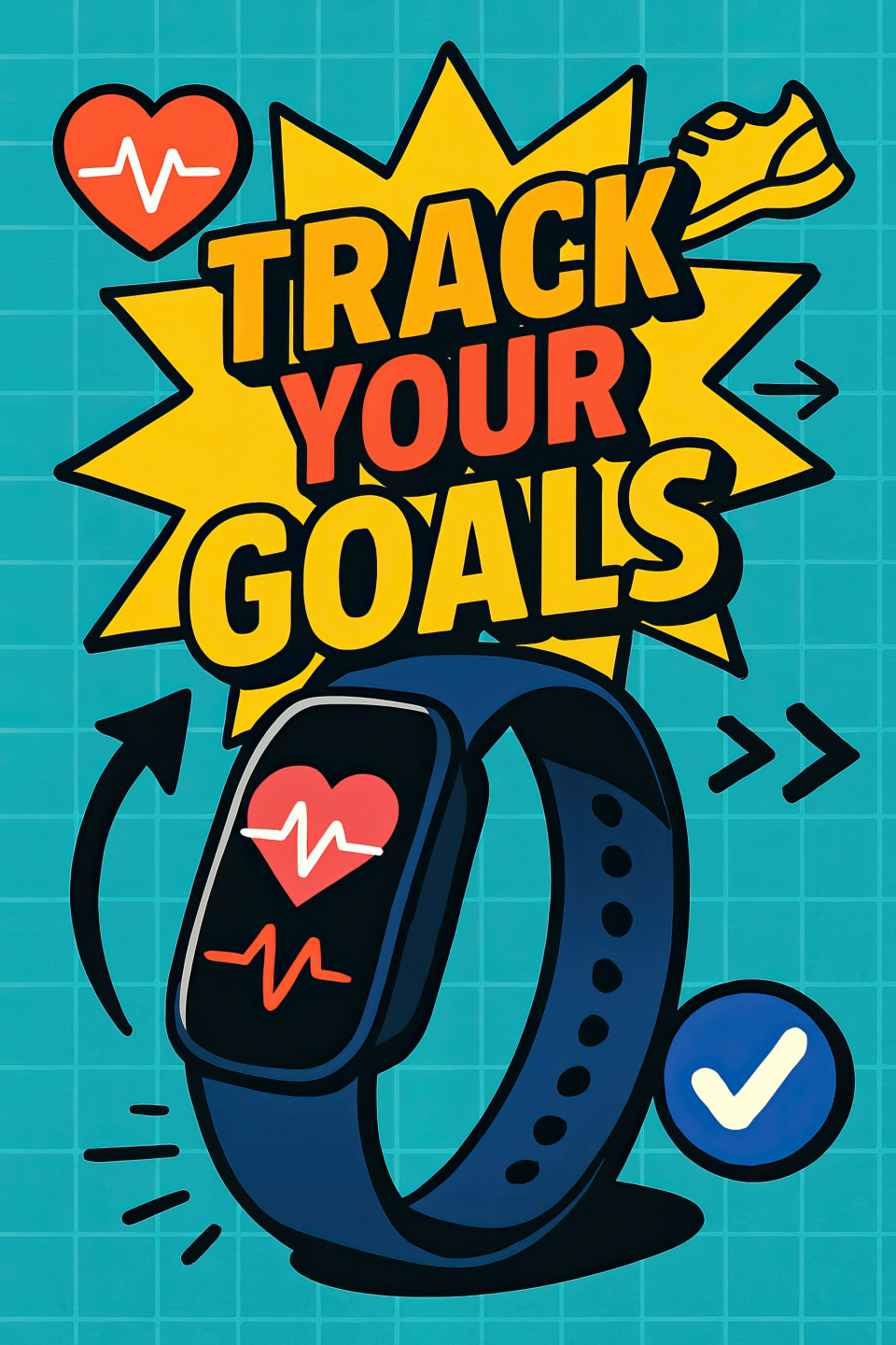 Bold flat design poster with fitness band in center, grid background and comic icons, 3d text says “track your goals”, health tech lifestyle ad prompt via chatgpt