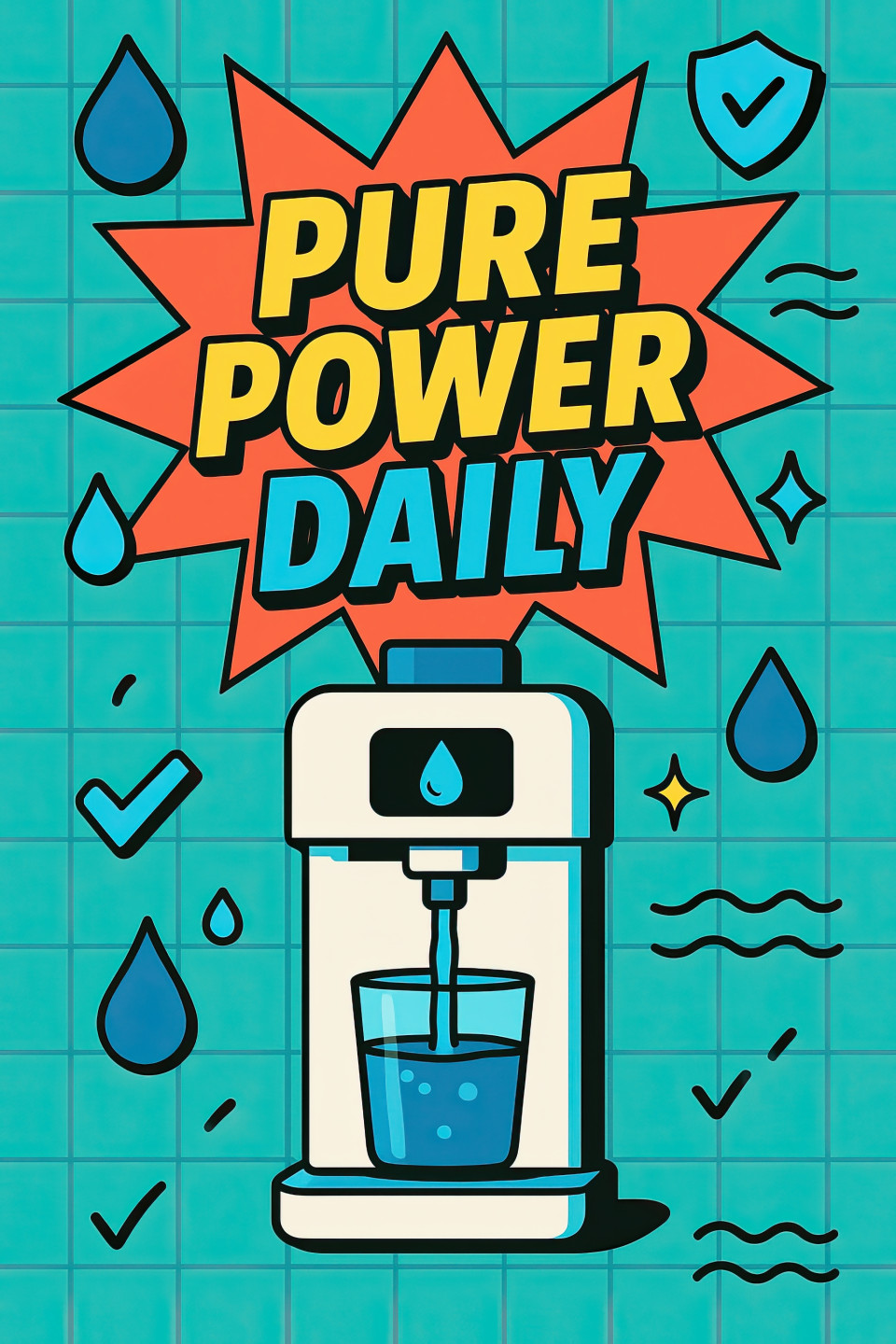 Bold flat poster with smart water purifier, teal grid and comic waves, coral starburst with “pure power daily” title, health tech visuals and ad prompt via chatgpt