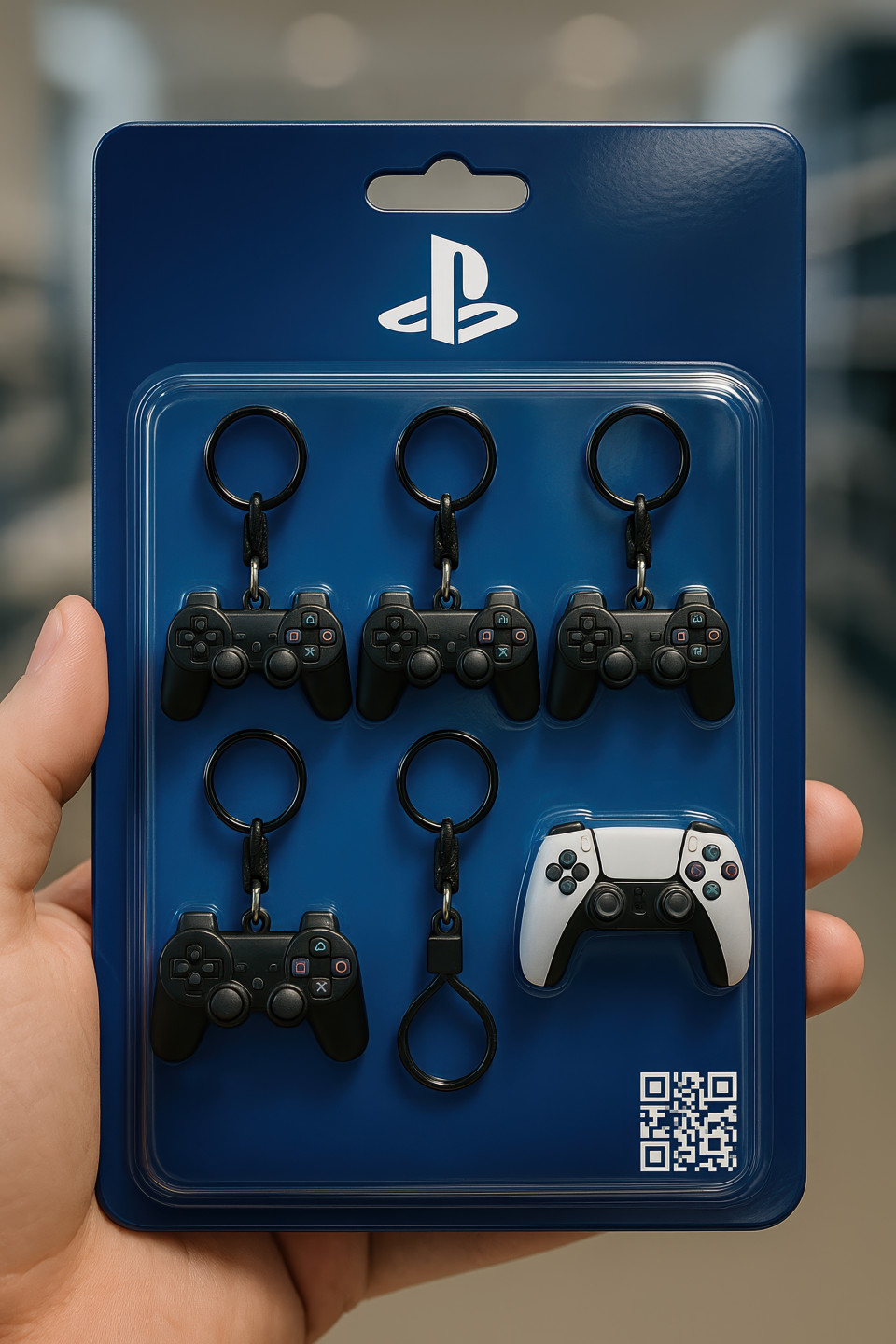Photorealistic blister pack of playstation controller keychains. realistic miniature tech product pack design via chatgpt with tiny product and gaming icons