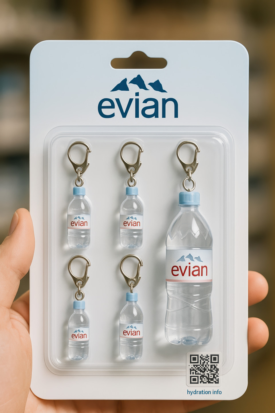 Evian blister pack with miniature bottle keychains. clean water-style product packaging with pastel tones. realistic tiny product design via chatgpt prompt