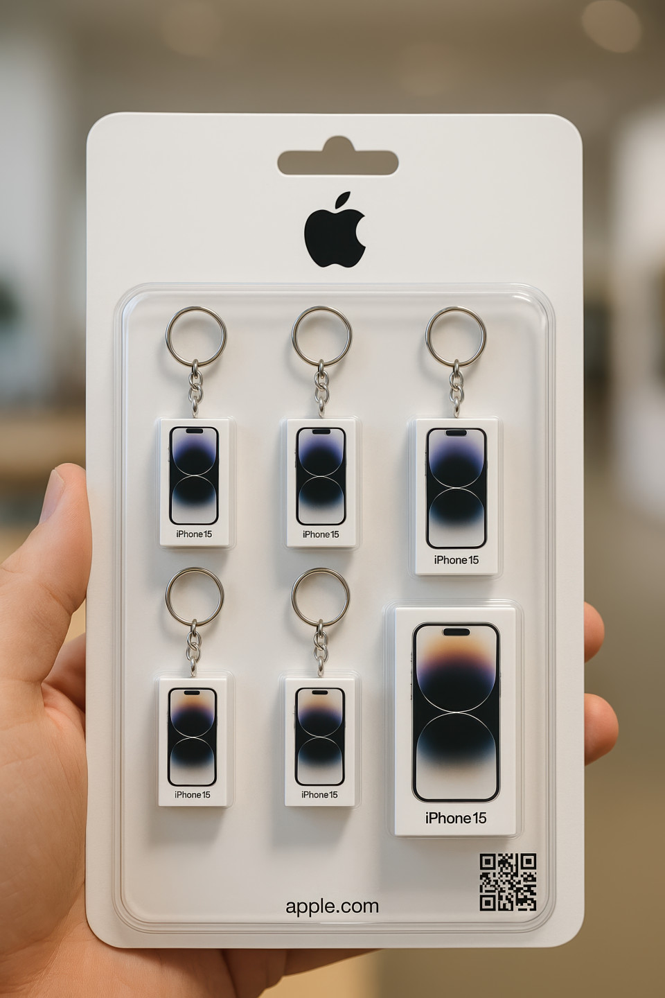Miniature iphone 15 box blister pack in hand. realistic white apple-style packaging with tiny product detail. clean tech design prompt via chatgpt