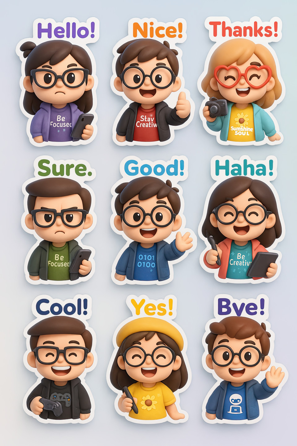 3d kawaii canvas of nine chibi stickers with speech bubbles, pastel gradient background, fun poses and outfits. cute chat sticker pack prompt via chatgpt anime-style