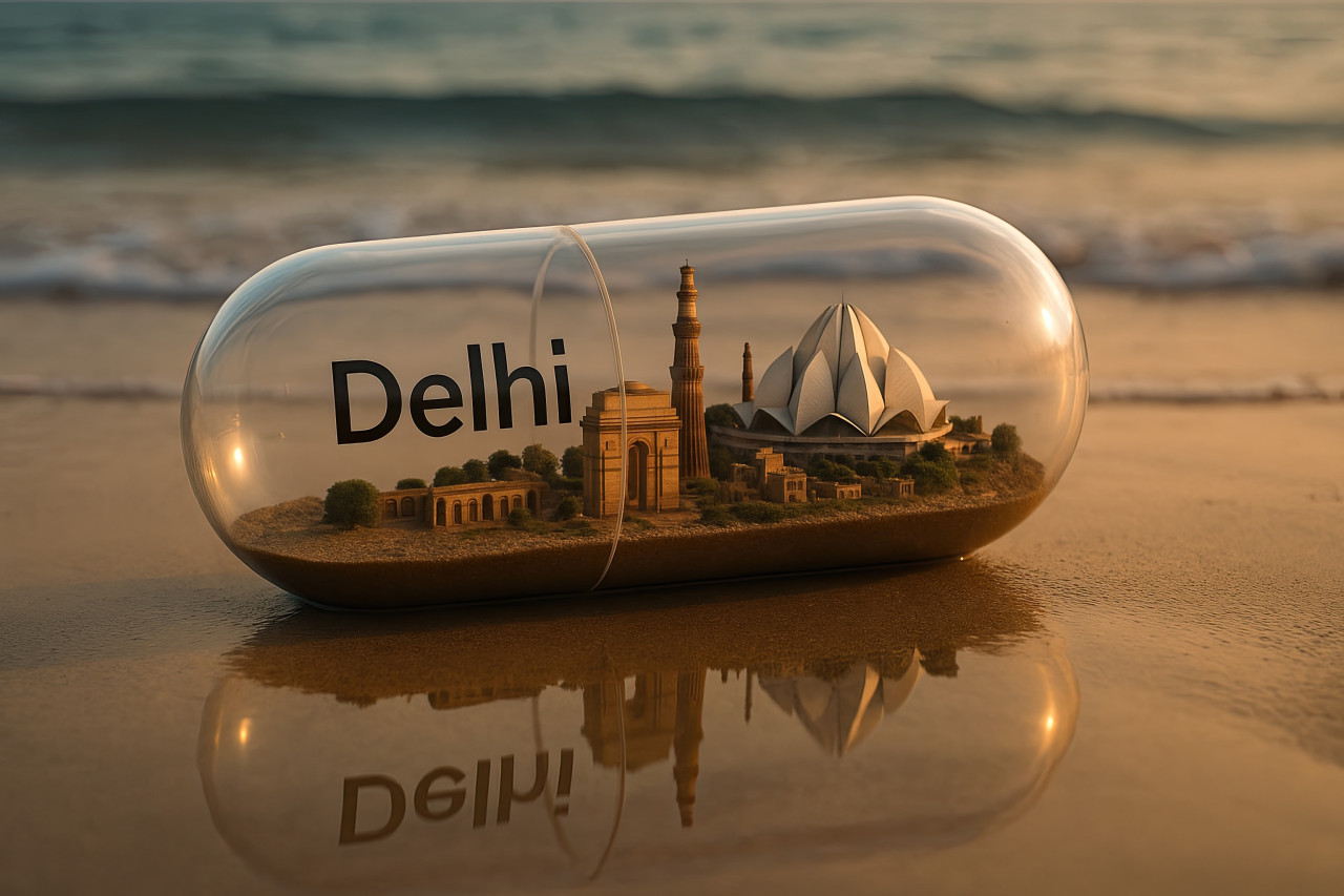 Miniature delhi in photorealistic capsule on wet beach. includes india gate, lotus temple, and soft shadows. capsule city diorama design prompt via chatgpt