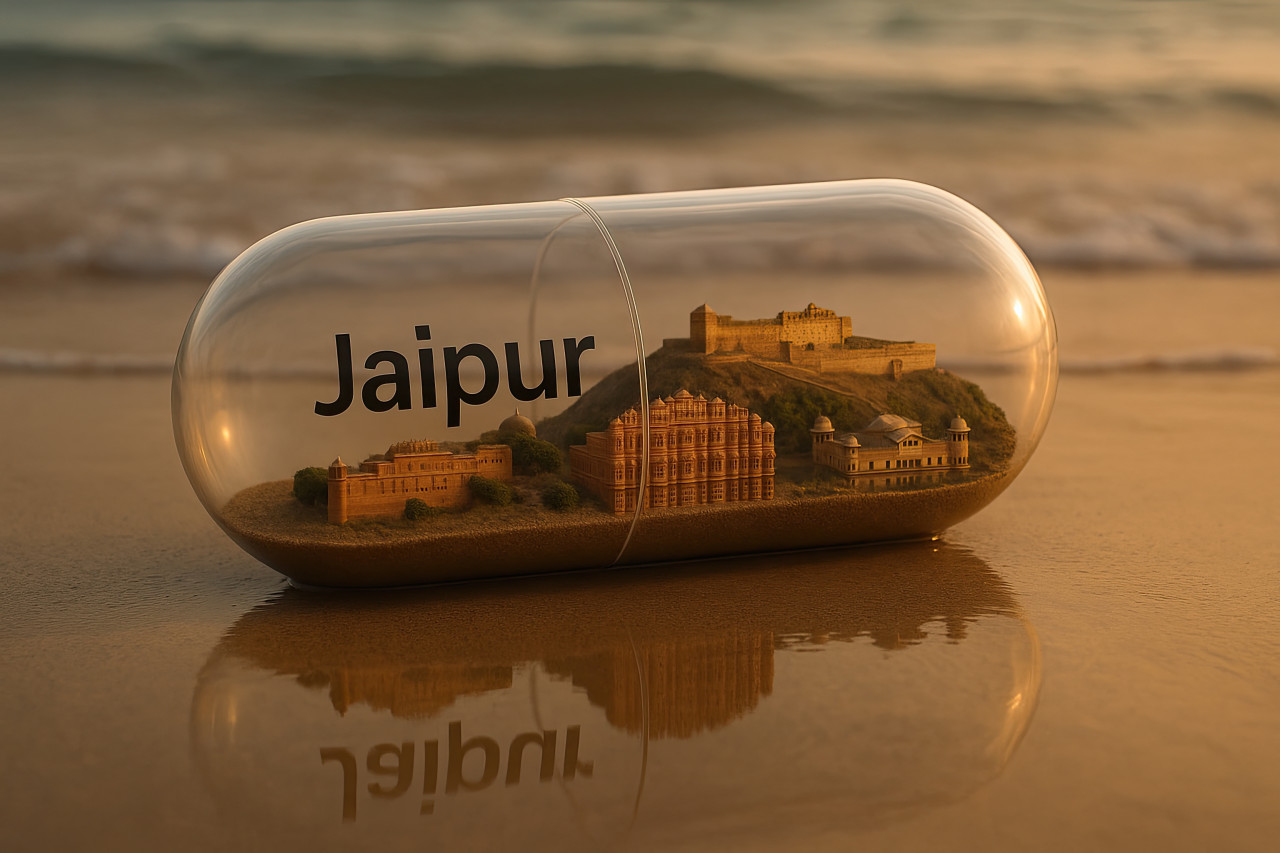 Jaipur in a transparent pill capsule on serene beach. photorealistic miniature of hawa mahal and forts. city design diorama prompt via chatgpt capsule art