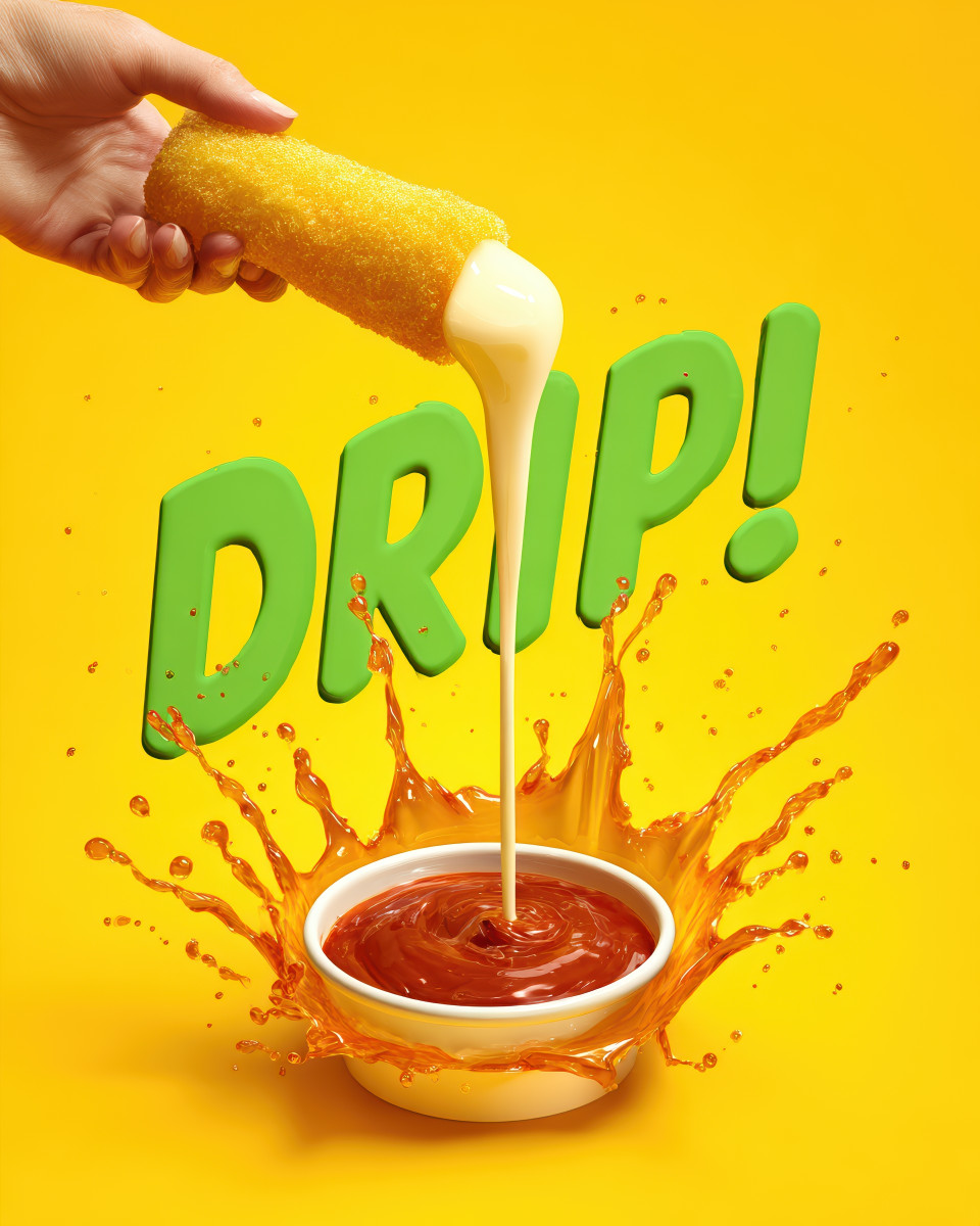 Hand holding mozzarella stick with gooey cheese above marinara cup, fun splash below. comic style food ads, ai food ads, creative advertising, digital marketing visuals