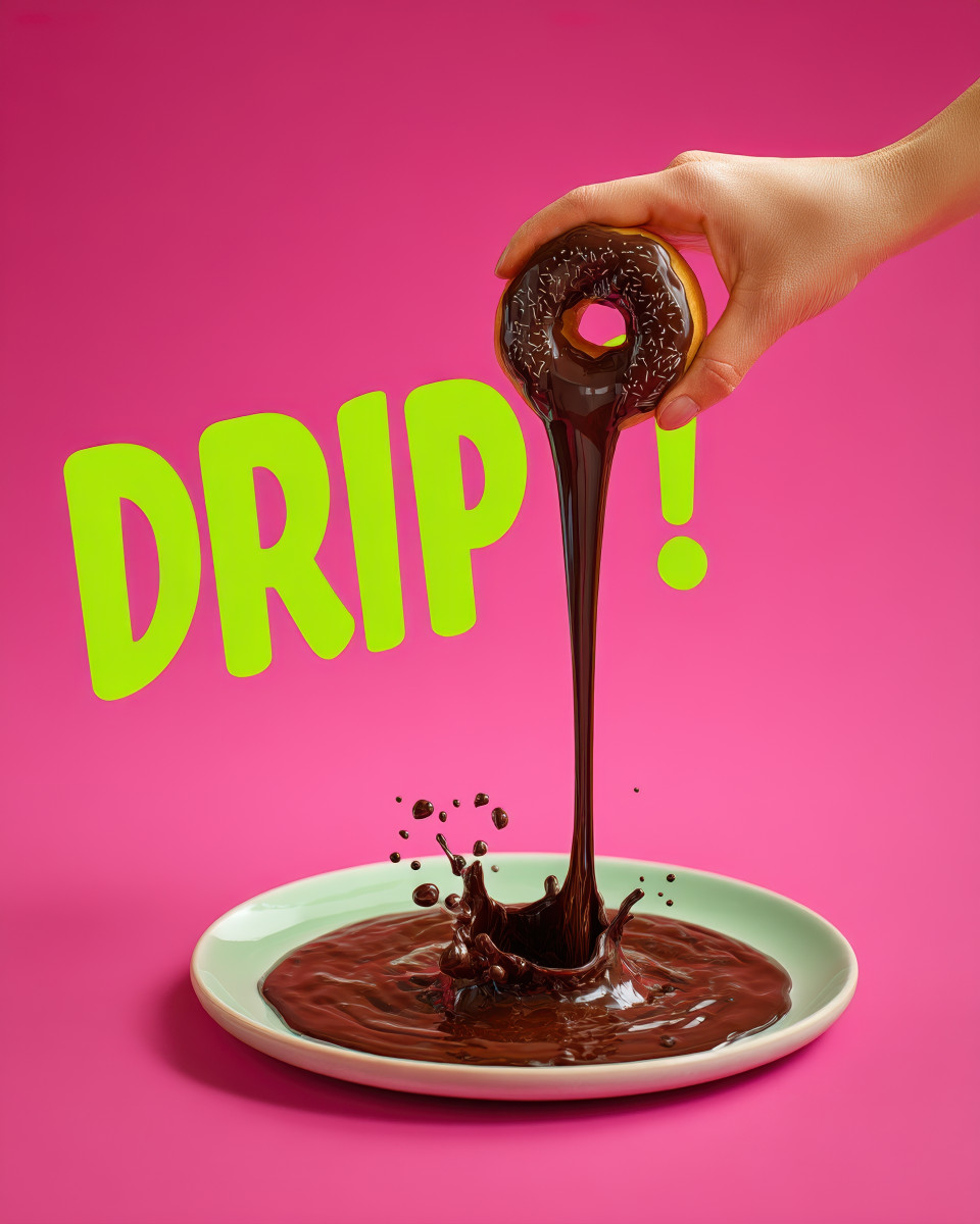 Chocolate donut dripping syrup hovers over a plate, syrup splash adds fun. comic style food ads, playful food art, fun food illustrations, midjourney prompts