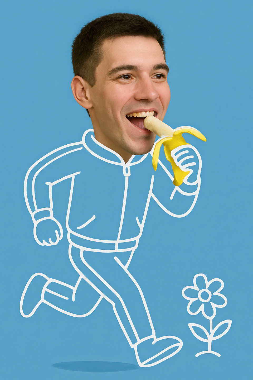 Young man photo head on stick figure running in tracksuit, eating banana mid-motion on blue. stick style character, image generation, ai image prompt, hybrid human art