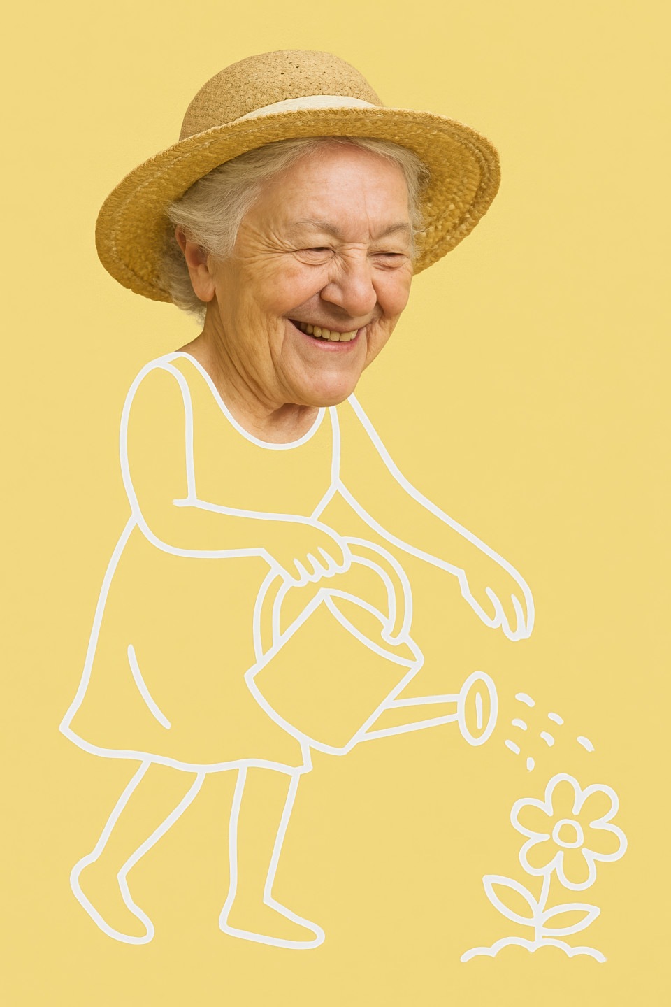 Senior woman photo head on stick figure in summer dress watering plants on yellow. stick style character, creative illustration, chatgpt prompt, digital stick figure art