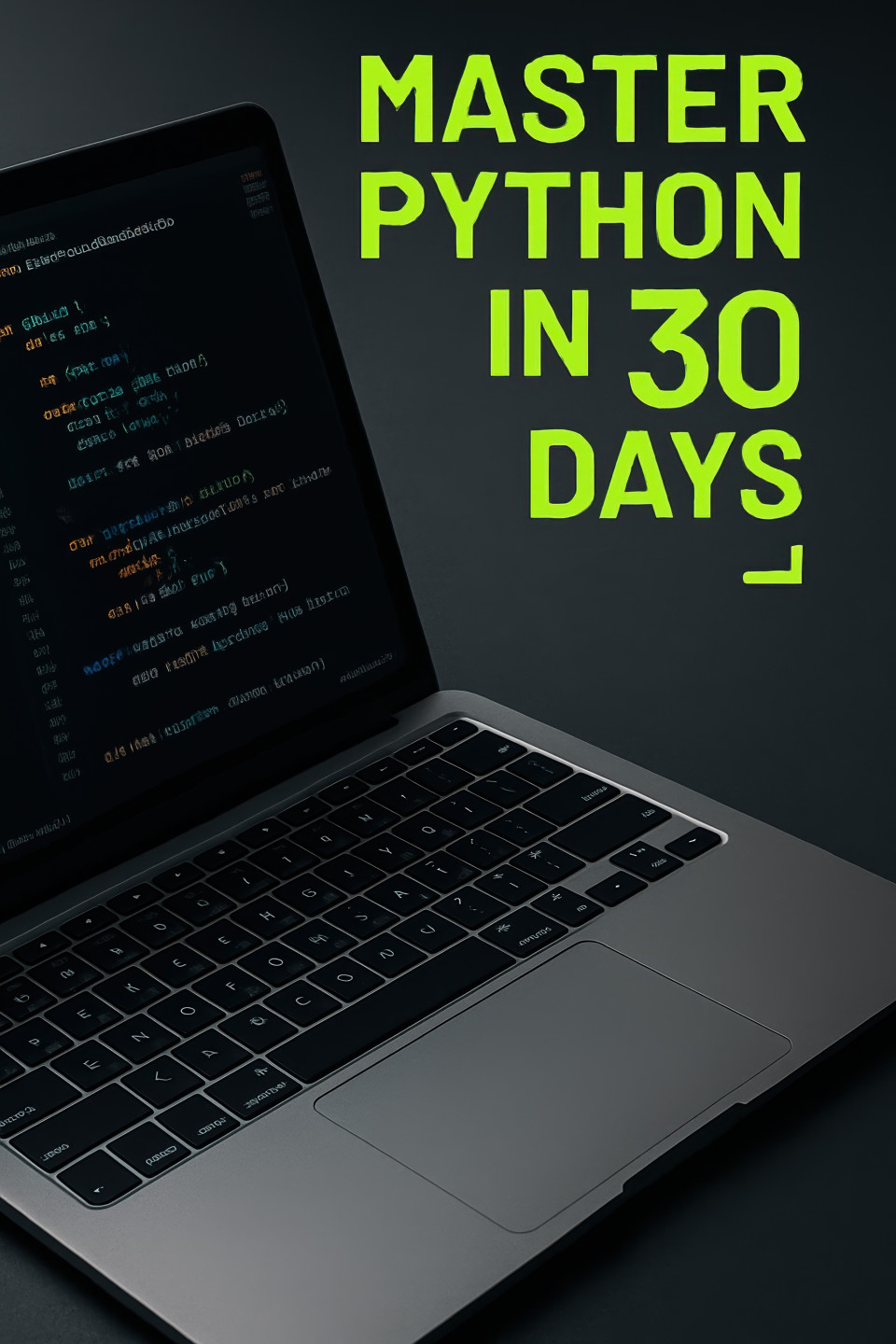 Laptop screen shows coding in clean flat-lay with “master python in 30 days” neon green text. viral pins, image prompts, content creation, social media visuals, pin ideas
