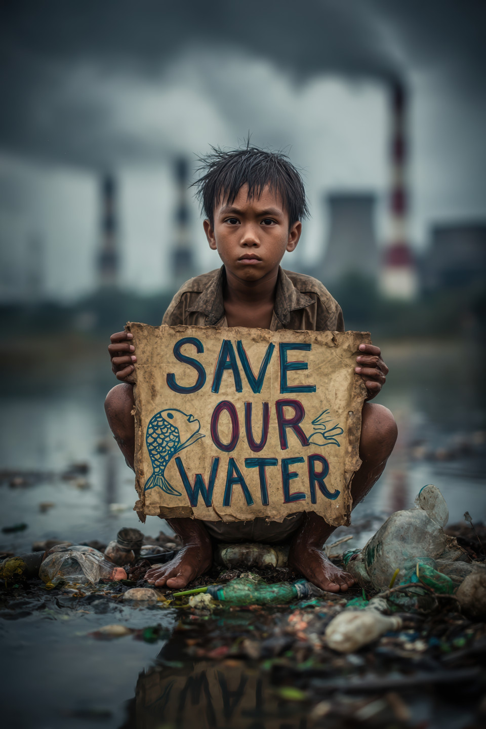 Barefoot southeast asian boy by polluted river holding 'save our water' sign with fish drawing, surrounded by trash, child voice prompt, creative ai art, voice emotion art