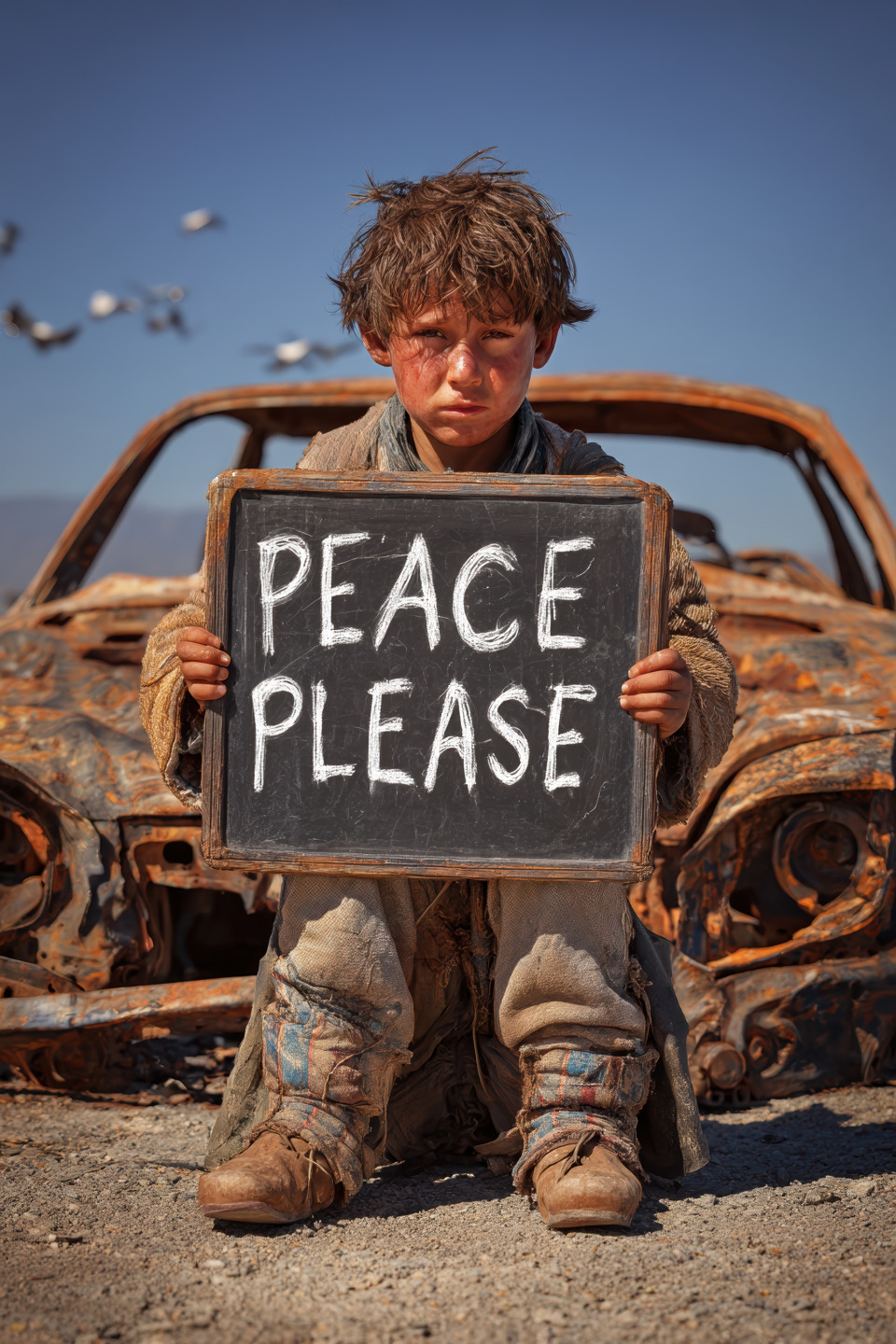 Middle eastern refugee boy with big clothes sits by burned vehicle holding 'peace please' sign, blue sky and birds, child voice prompt, midjourney ai, voice emotion art