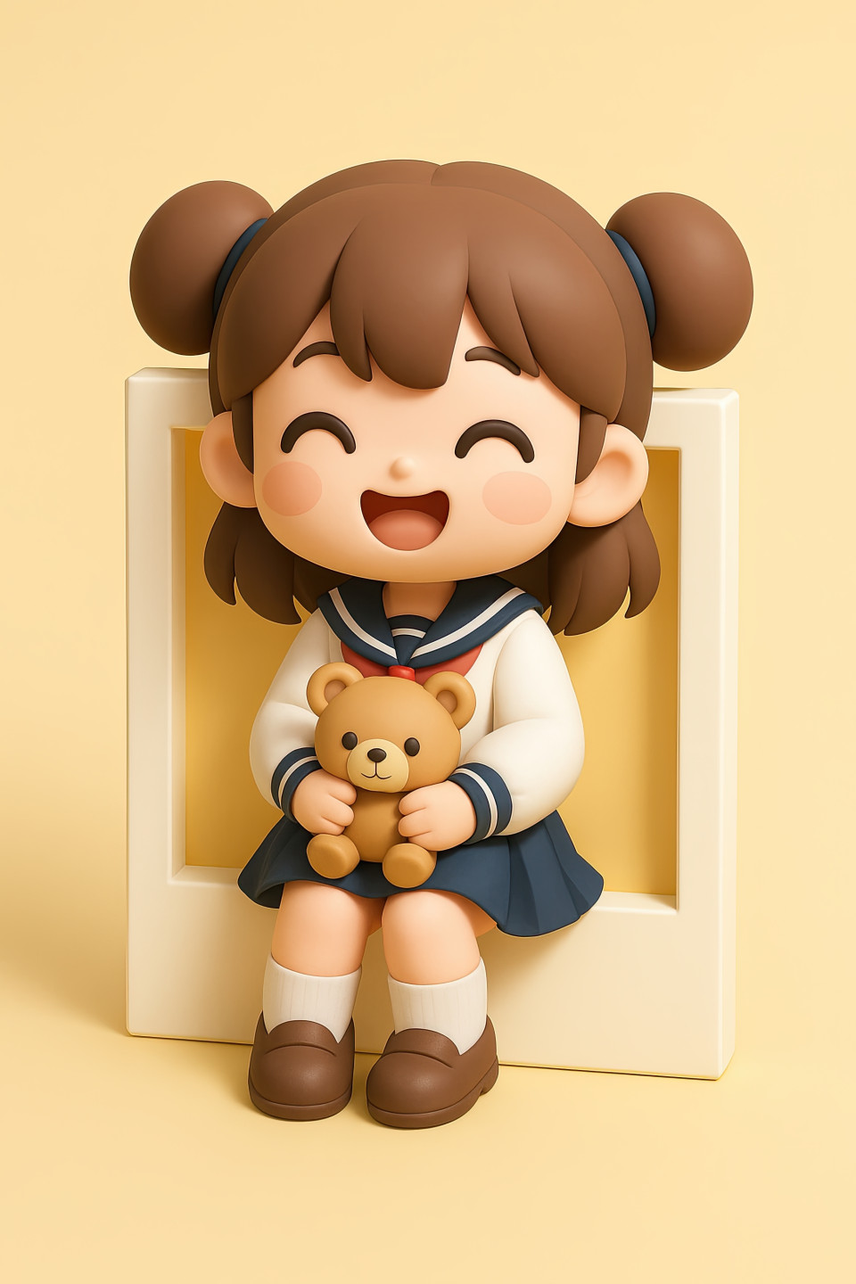 Kawaii 3d schoolgirl in sailor uniform holding teddy bear sits in soft yellow polaroid frame, joyful and sweet, stylized ai portrait, polaroid frame art, chatgpt image prompt