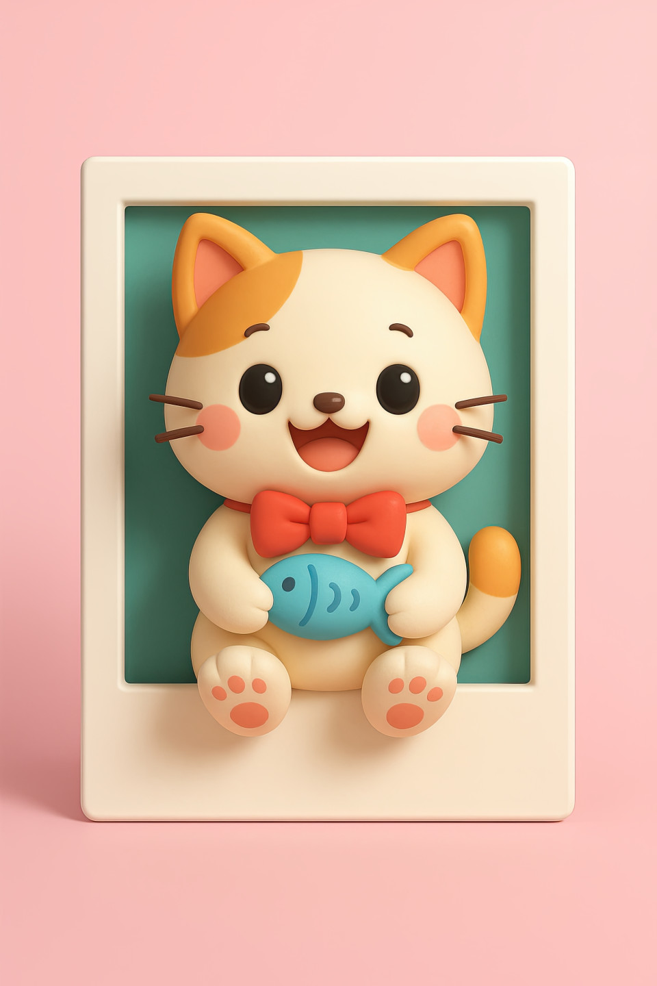 Kawaii 3d cat with red bow tie holding fish plush sits inside pastel pink polaroid frame, joyful pose, 3d character prompt, digital polaroid effect, ai character design