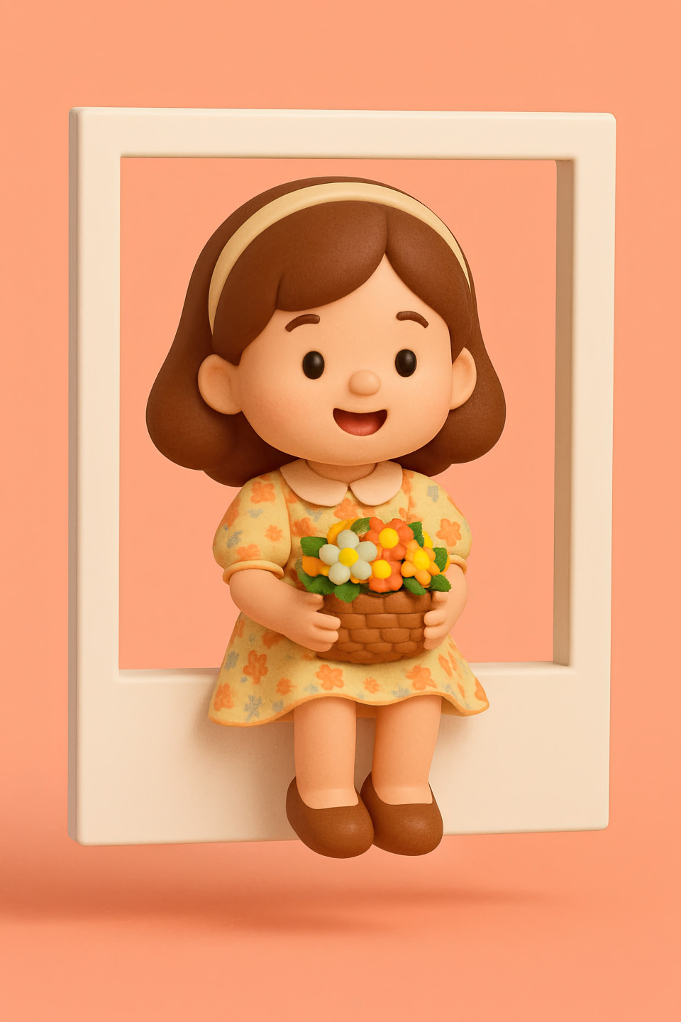 Kawaii 3d woman in floral dress holding flower basket sits in coral polaroid frame, relaxed and cheerful, stylized ai portrait, polaroid frame art, concept art prompt