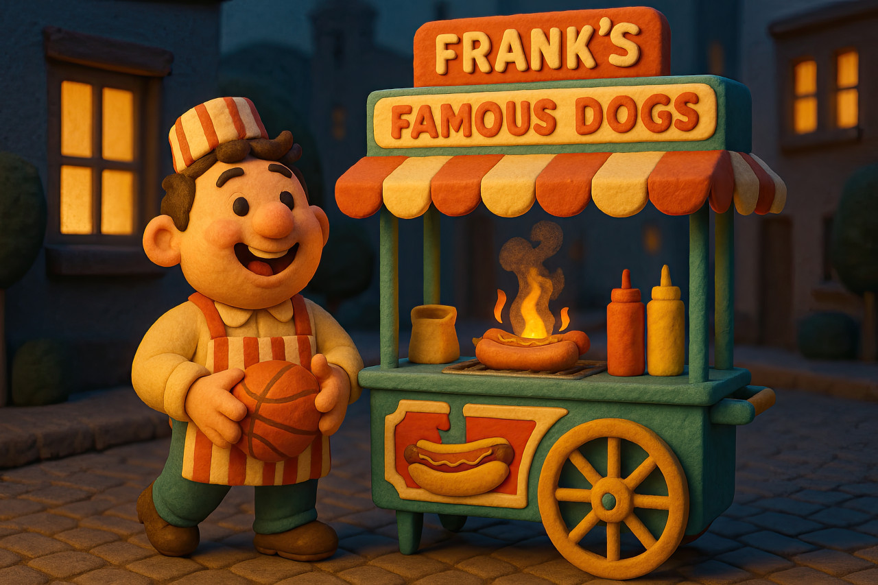 Joyful cartoon man with round face and red striped apron selling hot dogs at teal and red food cart at dusk in cozy city street, 3d stall prompt, digital miniatures, diorama art