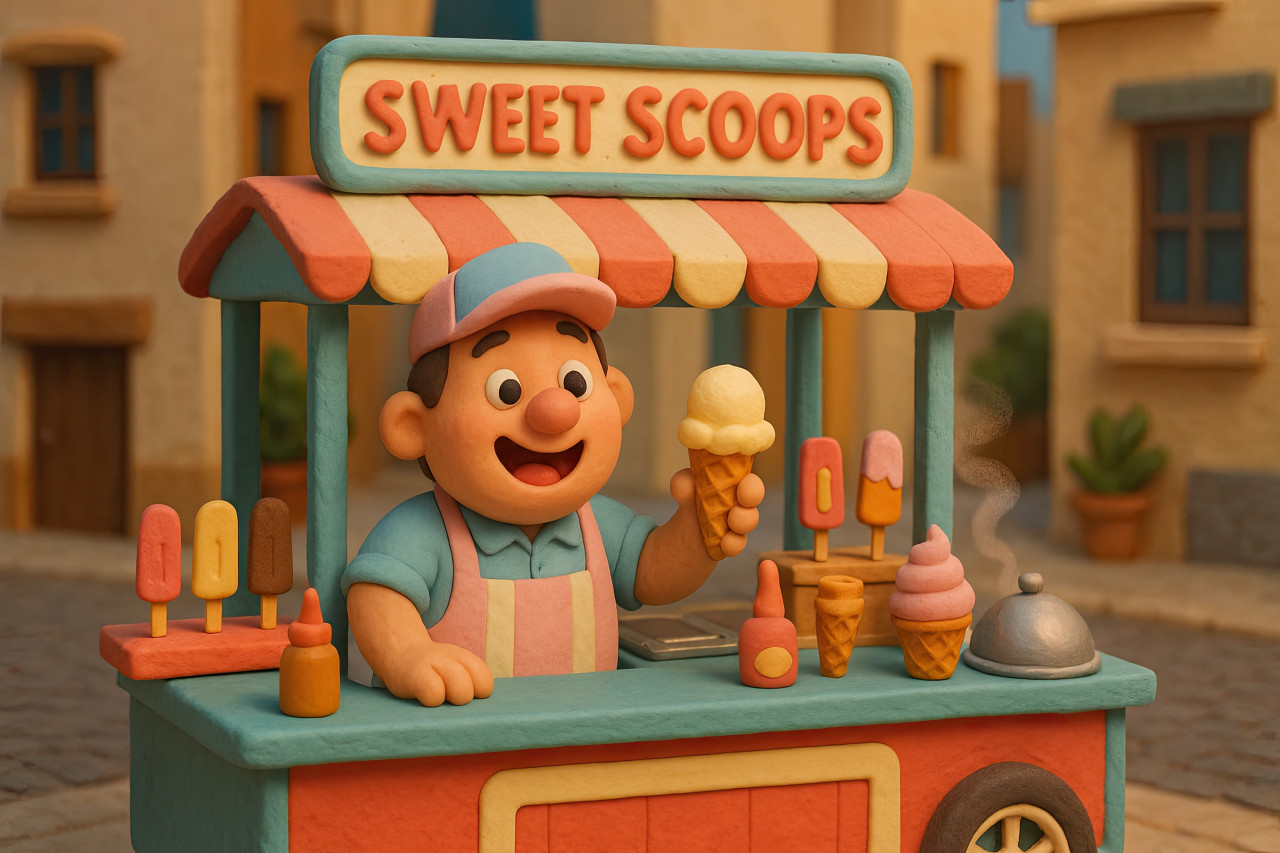 Happy cartoon seller with pink and blue outfit serving ice cream cones at vintage teal ice cream stall in soft morning light, creative 3d design, market stall model, tiny shop design