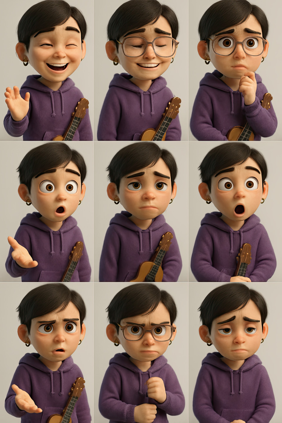 Non-binary 3d cartoon teen in purple hoodie with guitar shows emotion and style in close-up grid, ai character portrait, expressive 3d faces, animated character prompt, digital storytelling art