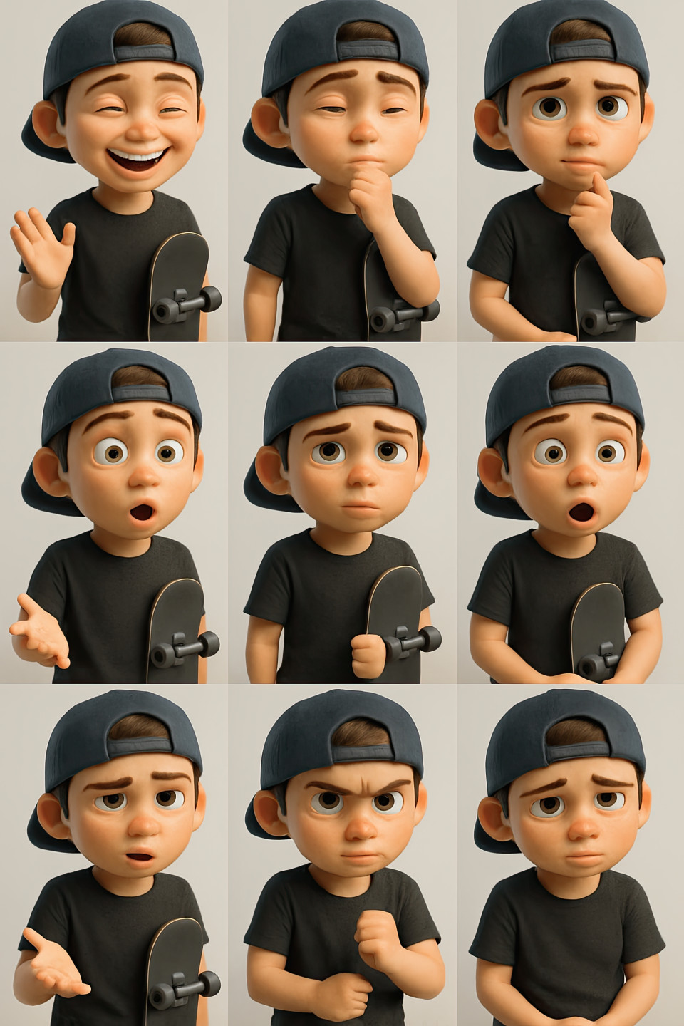 Playful boy in black t-shirt and cap with skateboard shows emotions in 3d portraits with clear expressions, pixar style prompt, emotion grid art, digital storytelling art