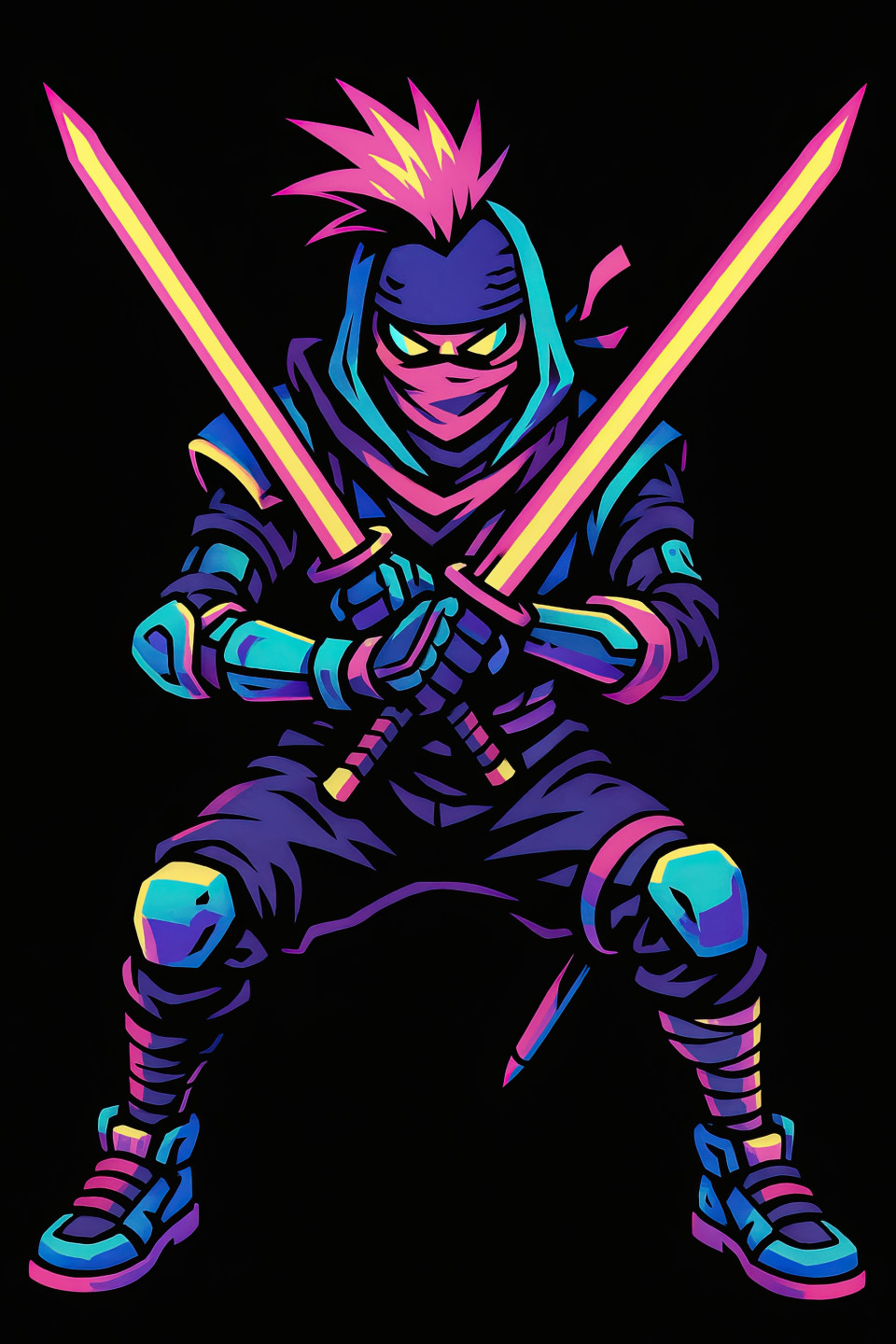 Mecha-punk ninja with neon blades in bold anime pose, cel-shaded with vibrant tones and sharp silhouette, punk anime prompt, ai art prompt, digital anime heroes, t-shirt