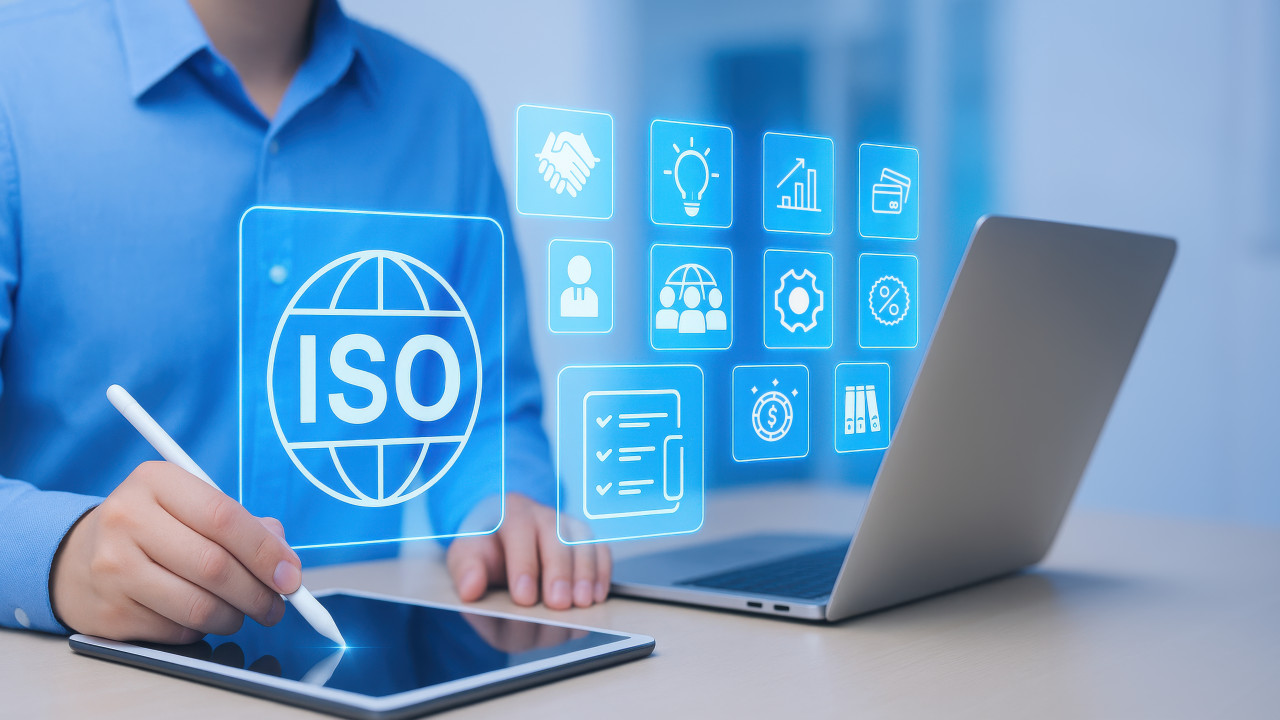Businesswoman using tablet with iso certification icons, showing global compliance, quality control system, and international standard certification