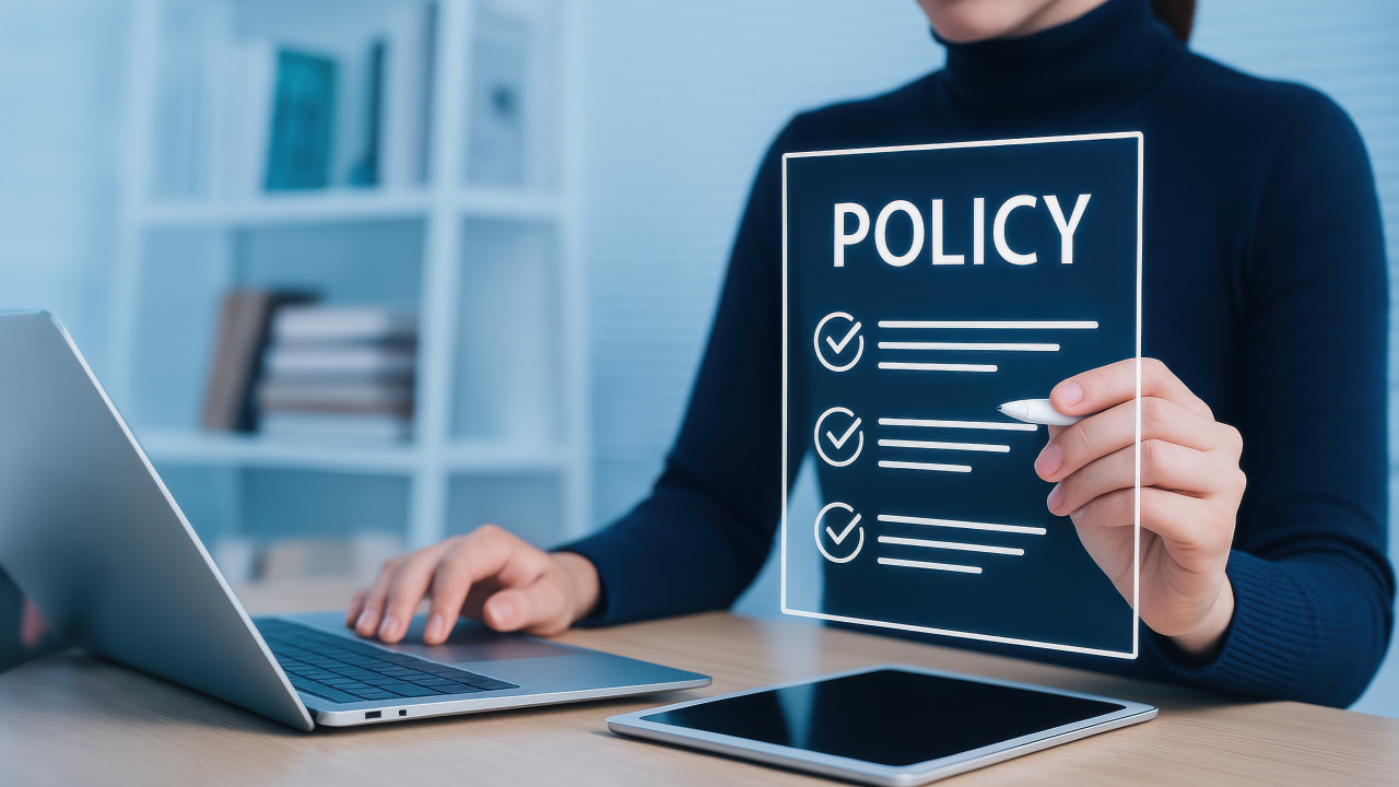 Businesswoman reviewing policy document with checklist and certification icons, showing policy compliance, regulation review, and financial detail checks