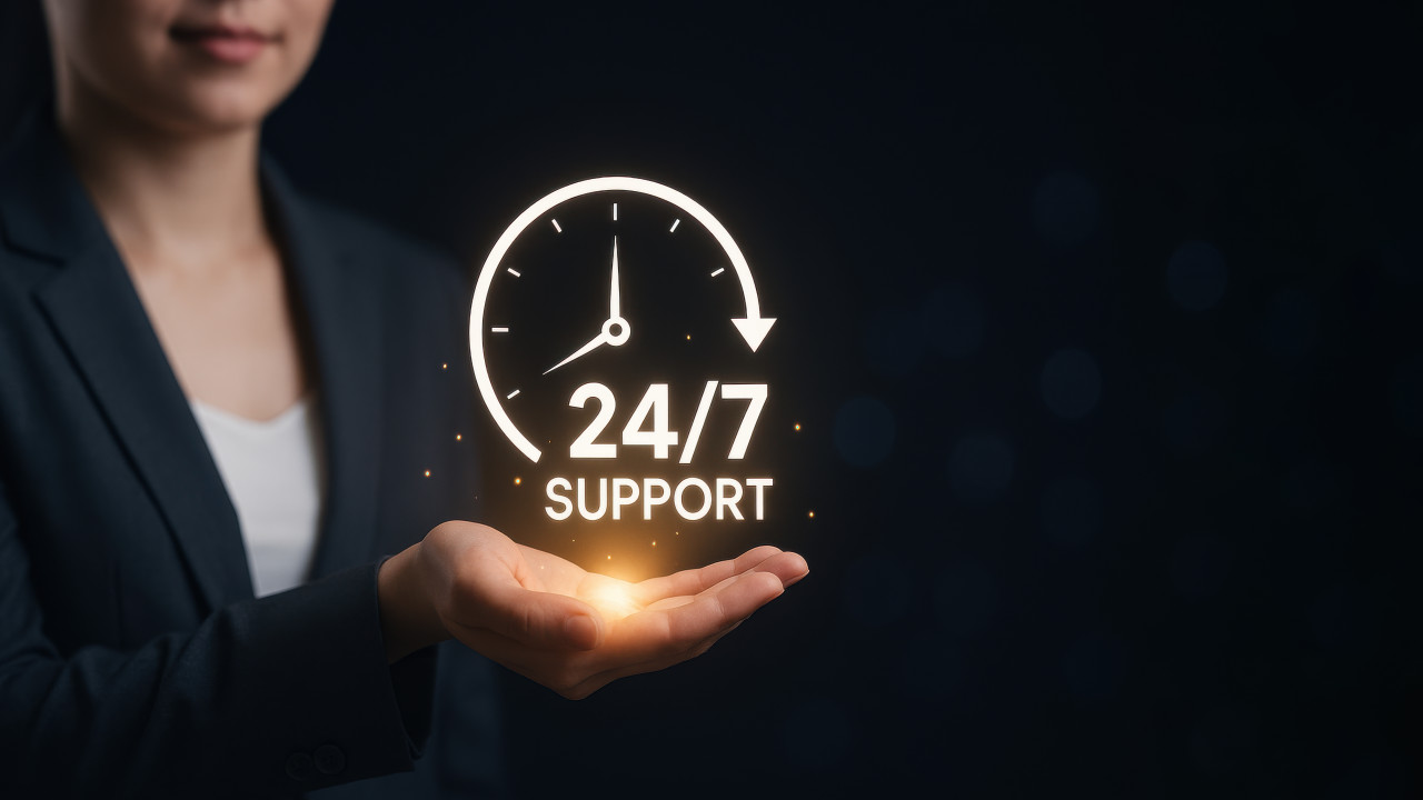 Businesswoman presenting glowing 24/7 support icon, showing continuous customer assistance, helpdesk service, and reliable care solutions for nonstop support