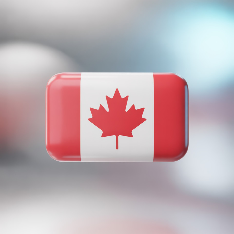 Cute 3d canada flag with soft curves gently fluttering in center, floating over frosted glass background with light reflections, ideal for digital branding visuals