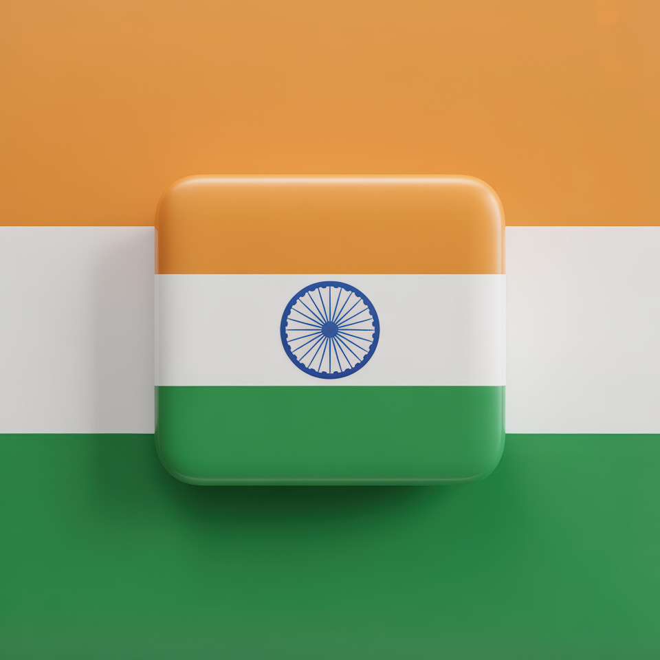 Small indian flag with smooth folds fluttering over dual-toned gradient background, balanced lighting adds a soft modern touch for clean digital uses