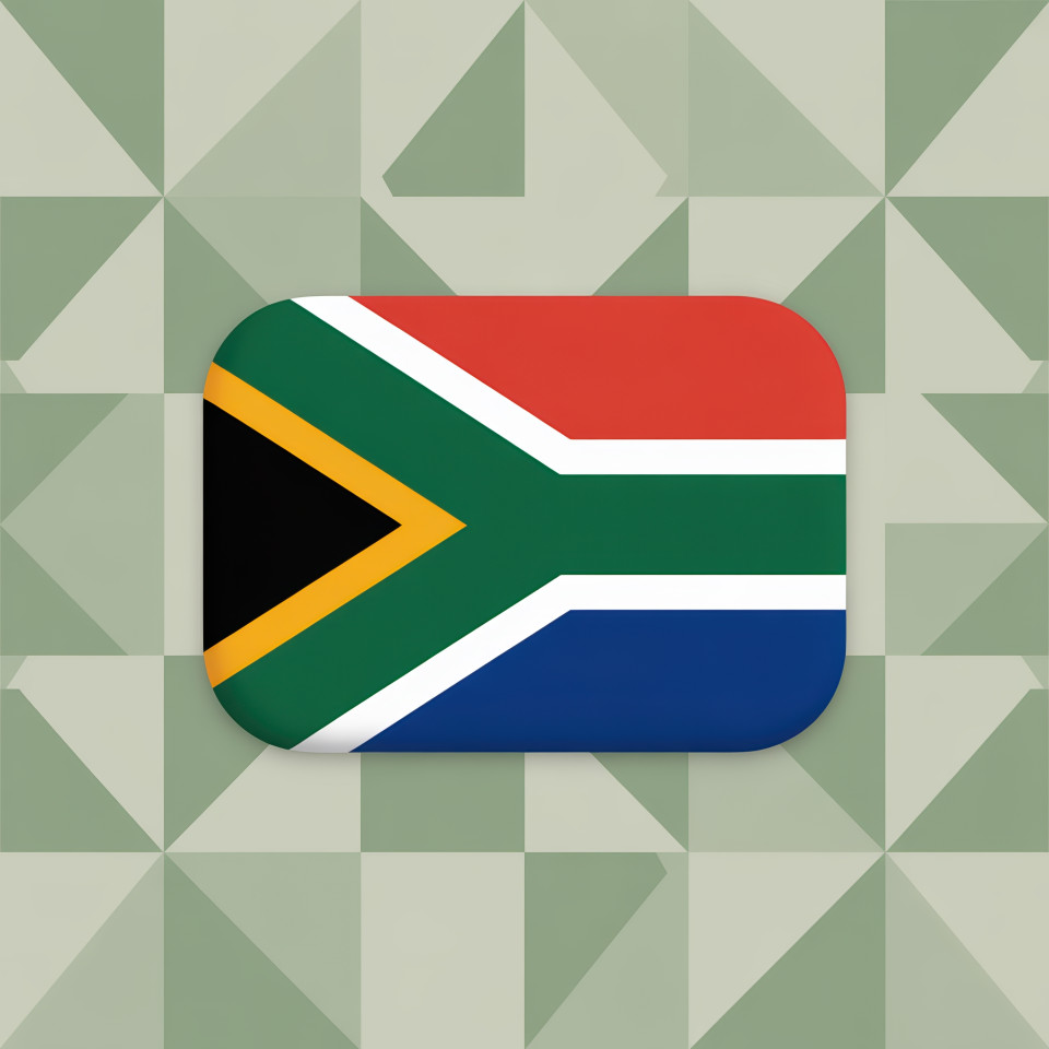 Minimal south africa flag with curved edges softly waving on earth-tone triangle pattern, centered with smooth lighting, made for modern product mockups