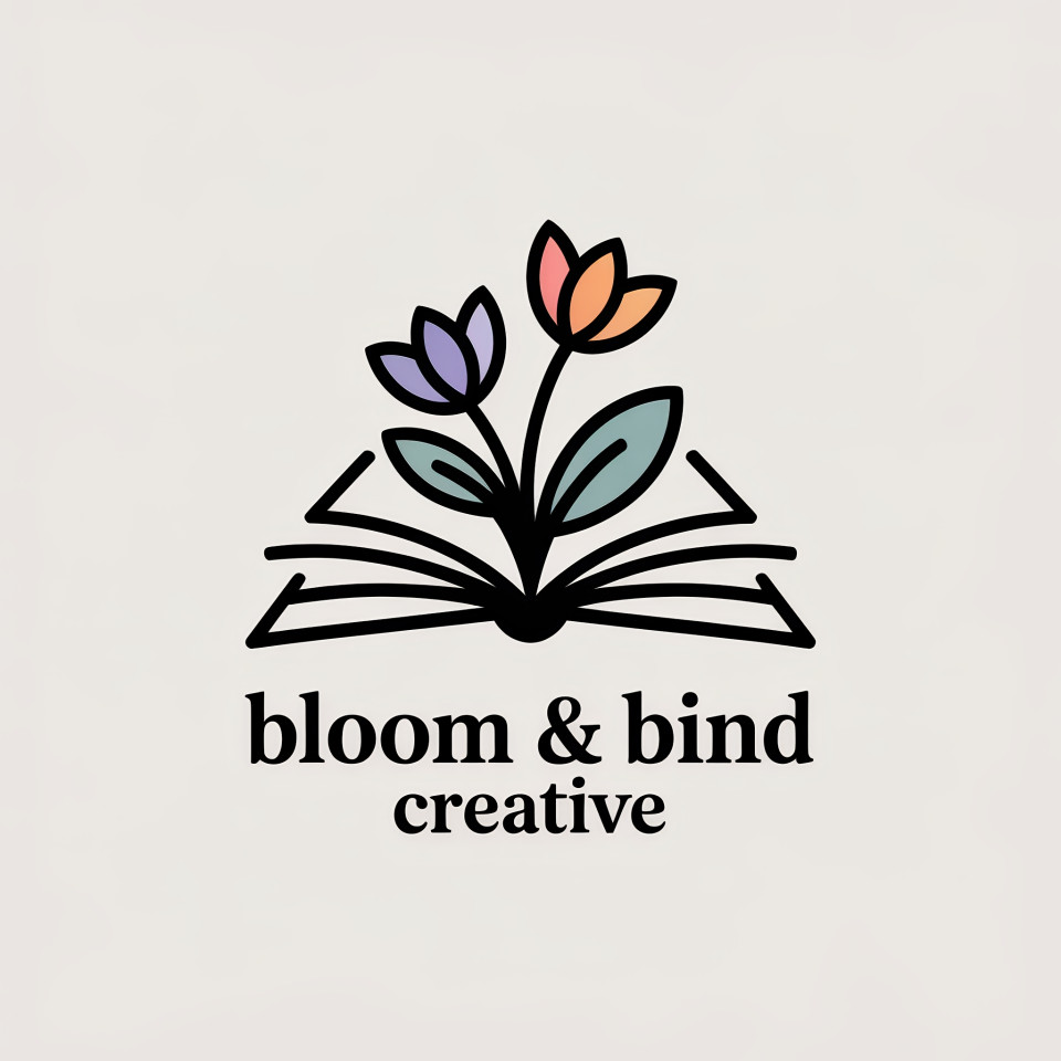 Open book logo with flowers blooming from pages in sleek black lines, bloom & bind creative text in clean font, balanced, gentle identity for art or design brands