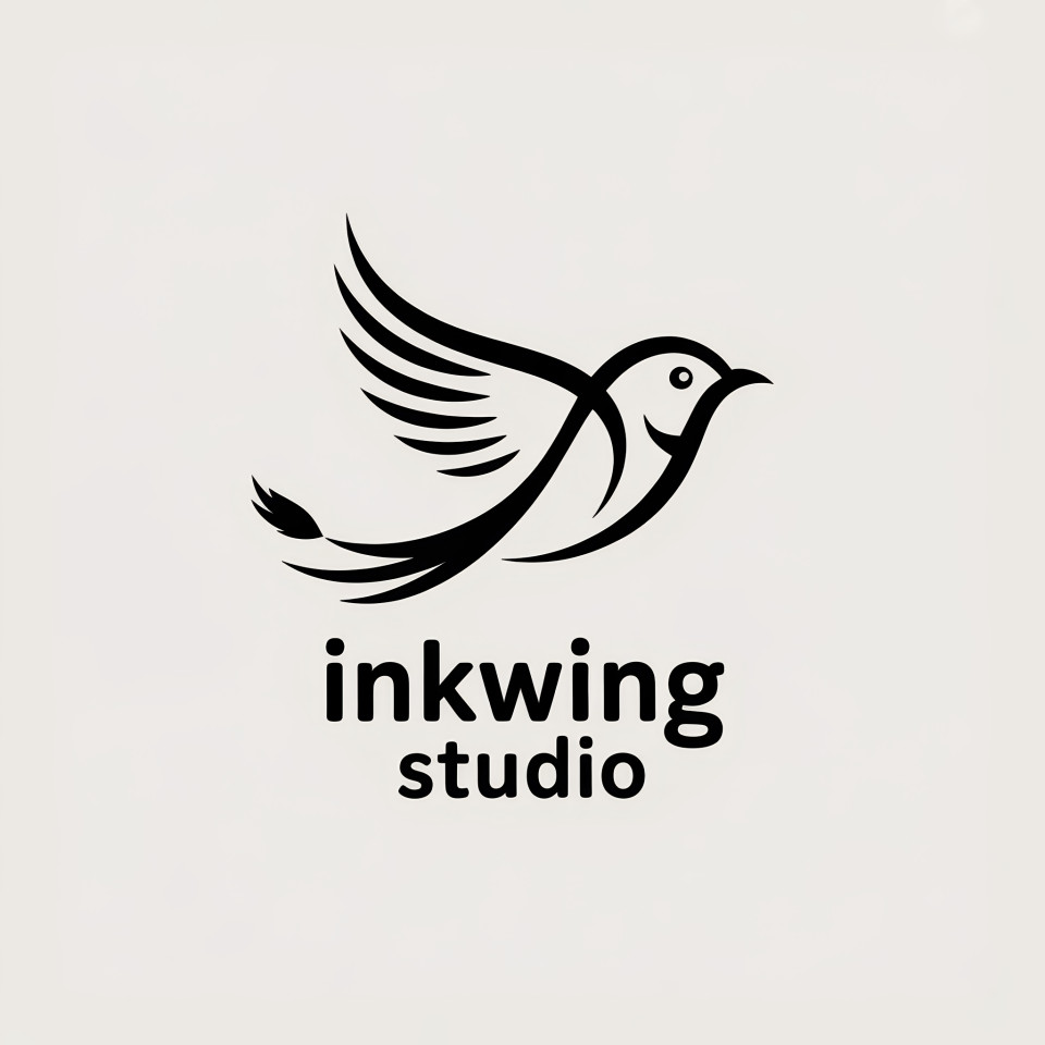Flying bird with brushstroke feathers in soft black lines, inkwing studio written below in clean type, simple and expressive mark for artistic branding use