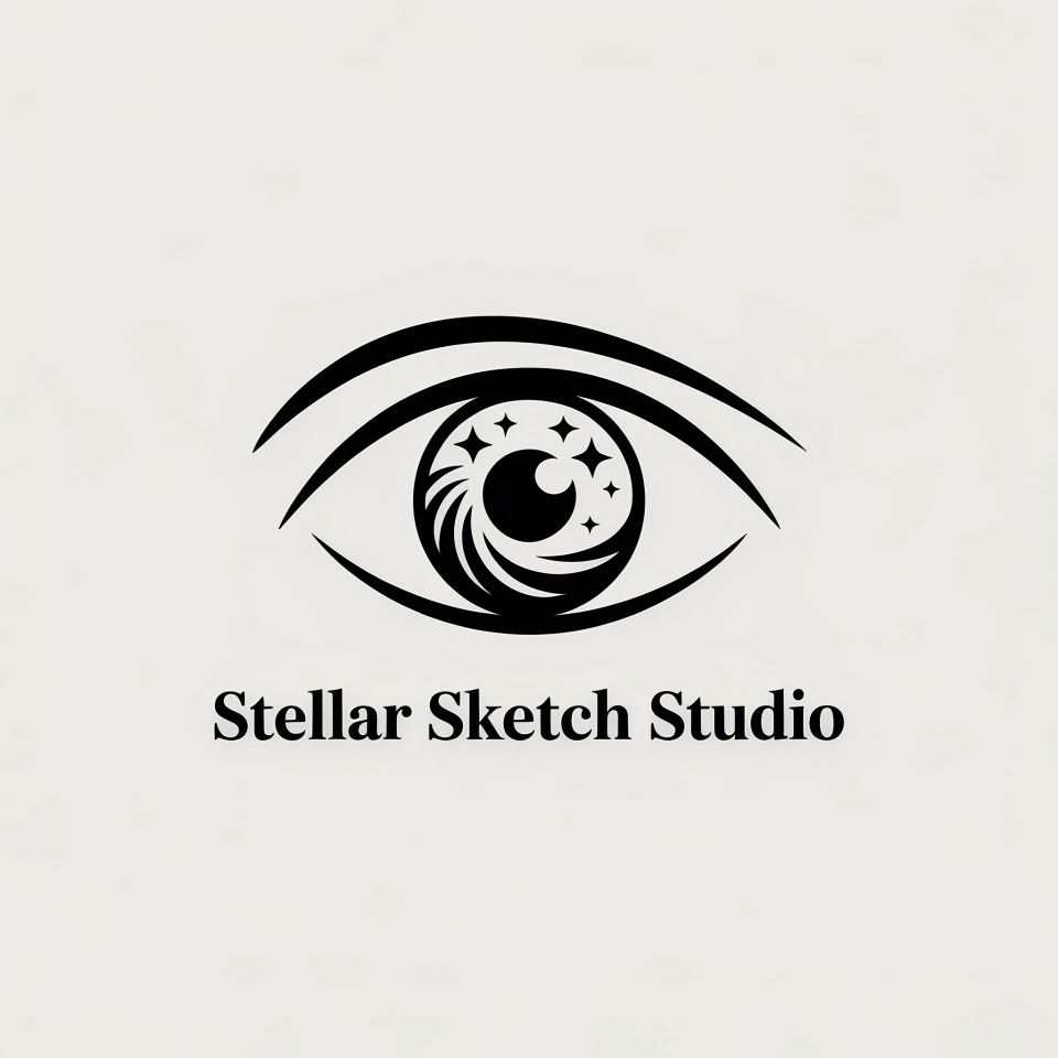 Stylized eye with swirling ink and stars in the iris, stellar sketch studio written in round font, modern layout with balanced, dreamy touch for creative identity