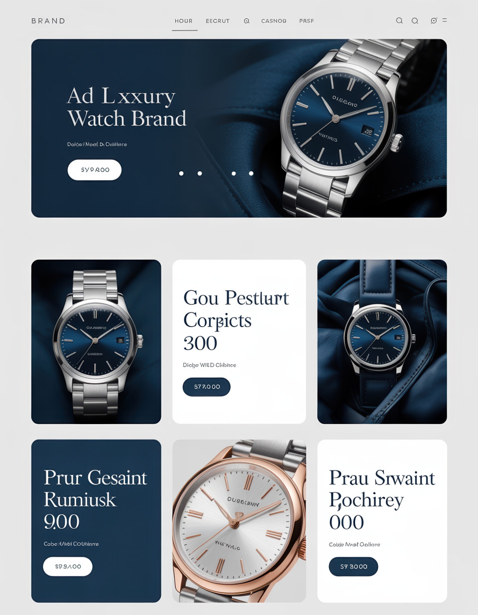 Luxury watch banner in deep blue and silver with elegant serif font, metallic accents and close-up shots highlight key features and luxury branding