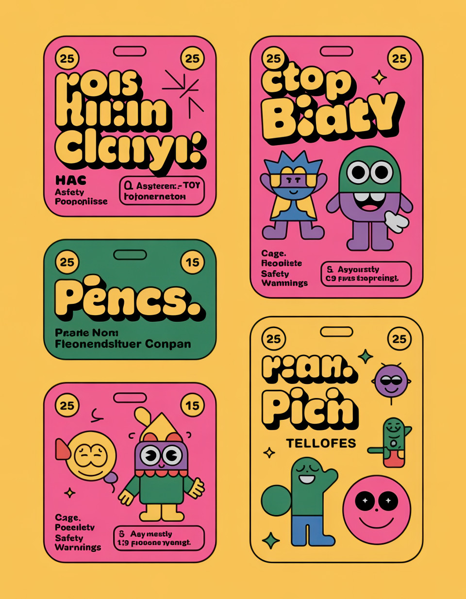 Bright toy label in yellow and fuchsia, playful characters and bold shapes with safety info, fun asymmetric layout for kids and parents