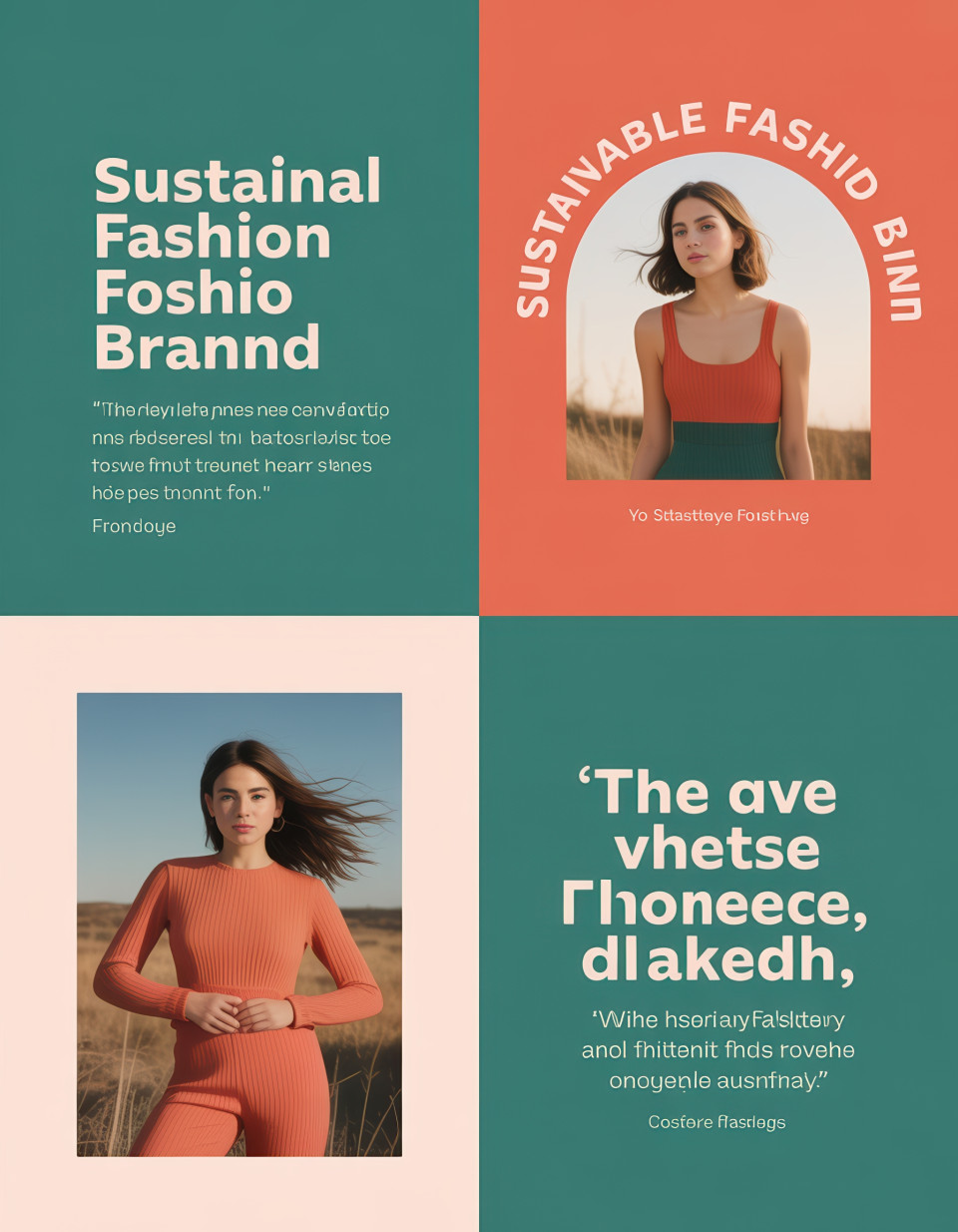 Eco-friendly fashion post using teal and coral colors, airy layout with natural textures and quotes, clean typography shows brand identity and sustainability