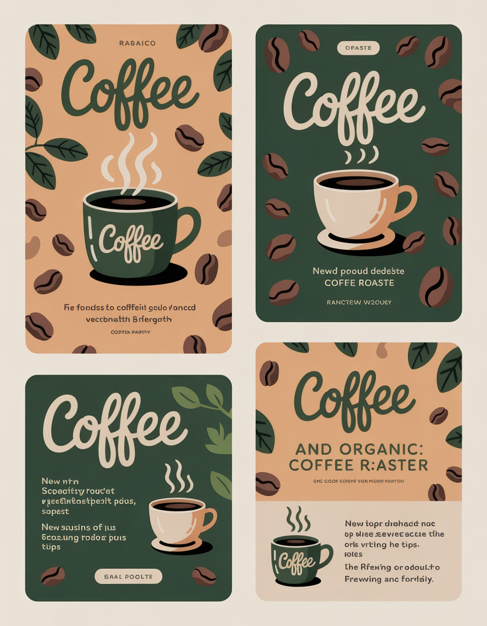 Organic coffee email with green and beige palette, hand-drawn mugs and beans, dynamic layout with new brews and tips, promoting a cozy coffee lifestyle