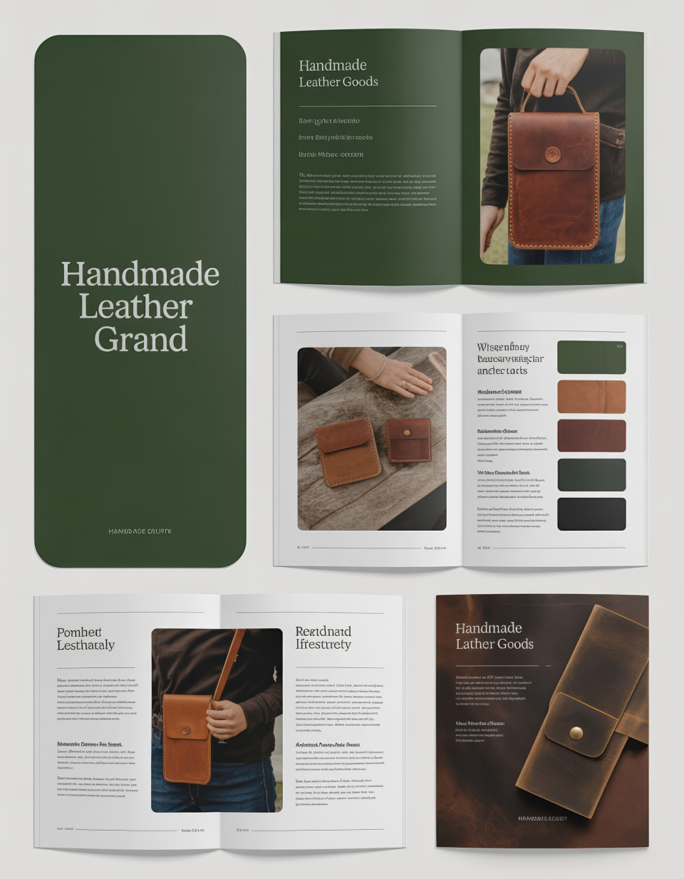 Leather catalog in forest green and brown, lifestyle shots and rustic textures with serif font, detailed layout shares product and sourcing story