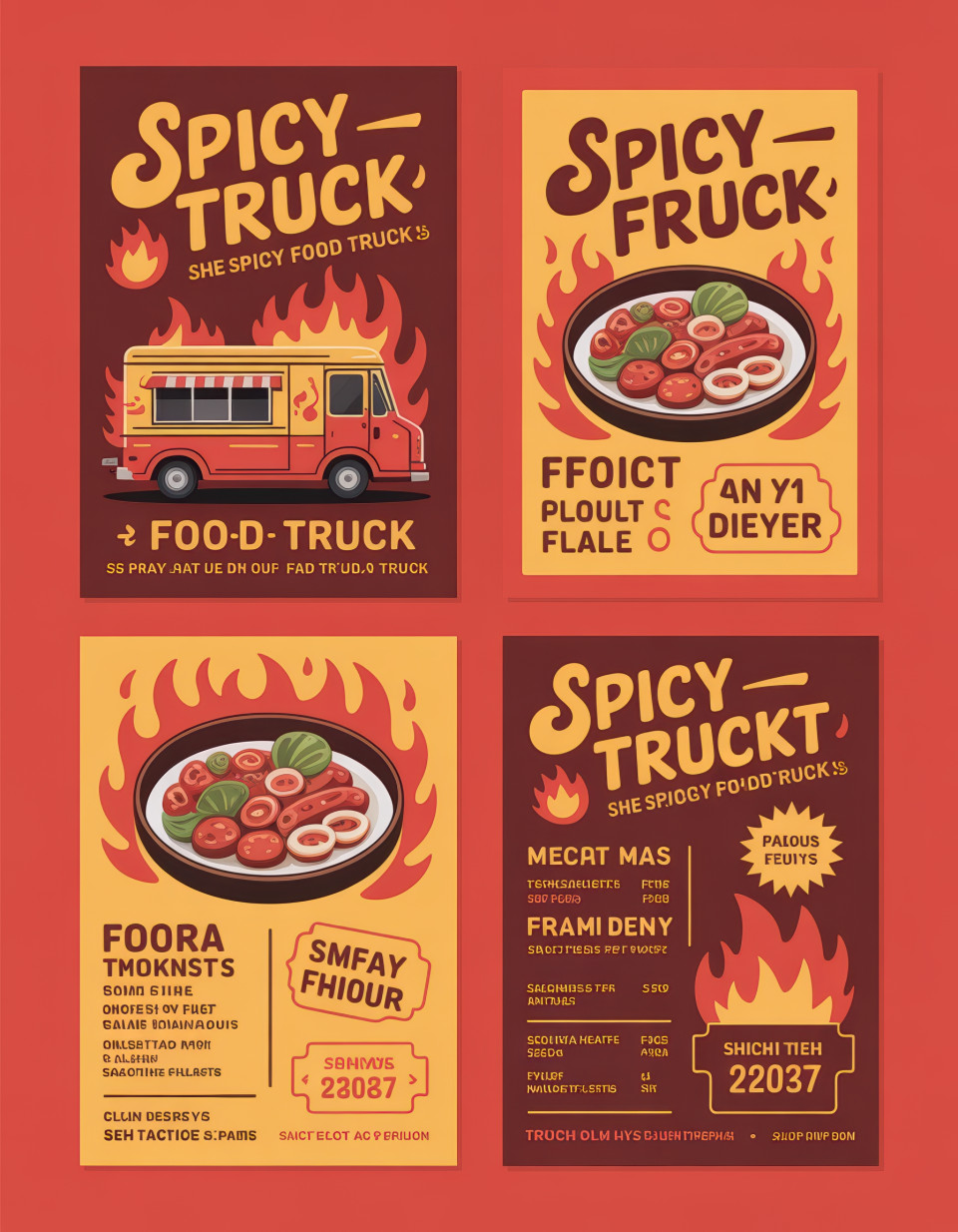 Spicy food flyer with red and gold tones, sizzling dish photos and flame effects, energetic script font promotes hot menu deals and truck locations