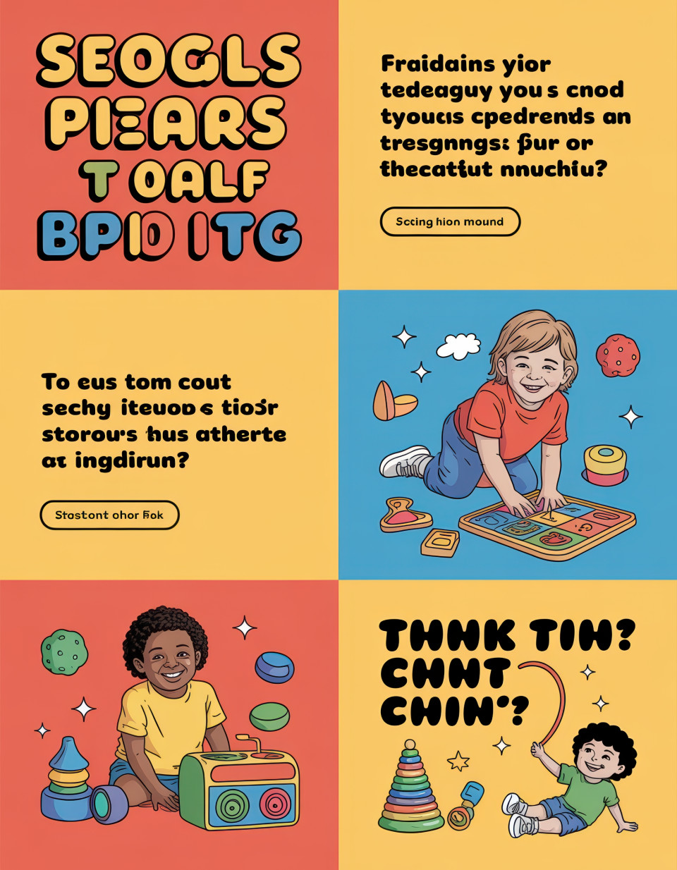 Educational toy post with bright red, blue, yellow colors, kids playing and fun drawings, bold type and call to action boost engagement and learning