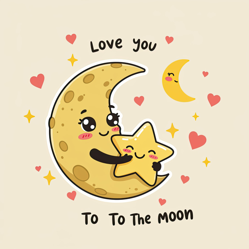 Smiling moon hugging star with twinkling hearts in sky, loving cartoon vibe, great for celestial or valentine sticker and greeting card themes