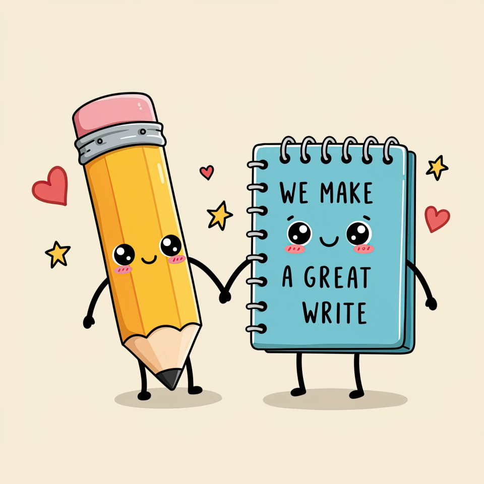 Bouncing pencil and notebook holding hands with heart doodles and stars, cheerful cartoon school love pun for valentine or classroom sticker use