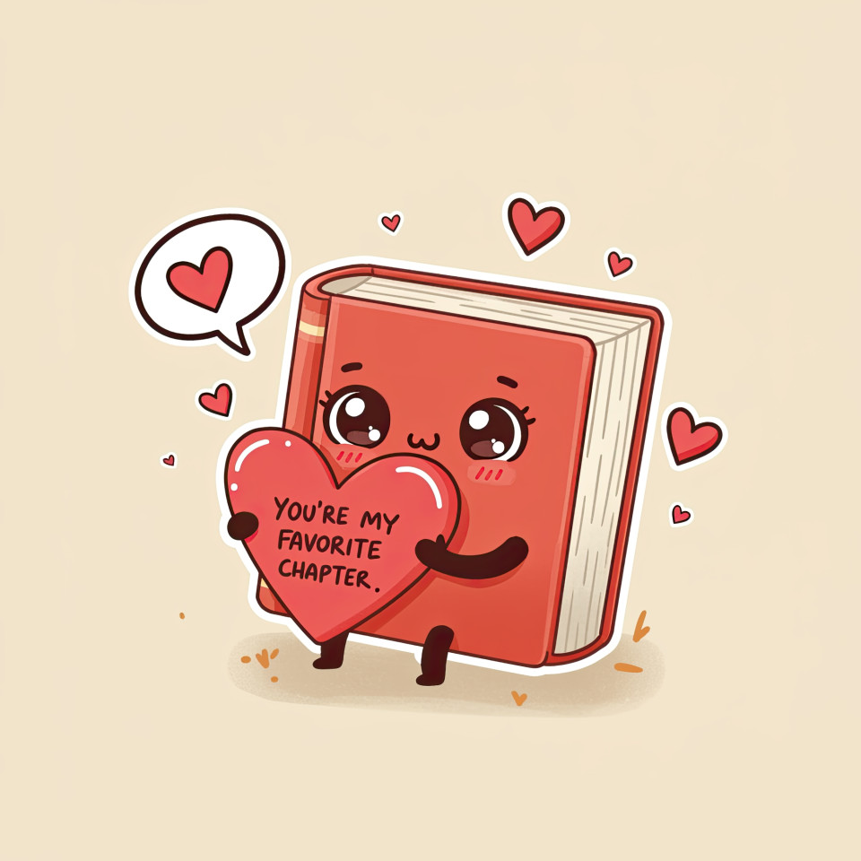 Cute book with heart-shaped bookmark and smiling face, joyful layout with hearts, love pun for valentine or reading-themed stationery and sticker designs