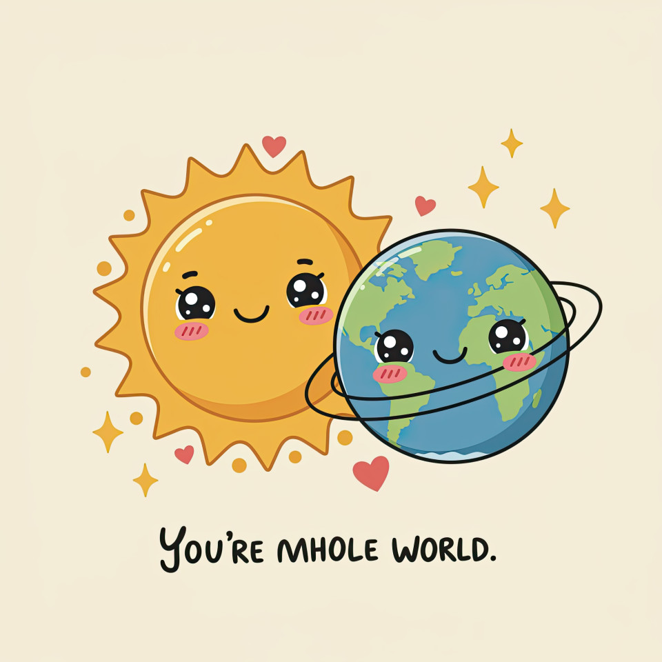 Friendly sun and smiling earth with heart-shaped orbits, bright love concept for space-themed or valentine sticker and greeting card collections